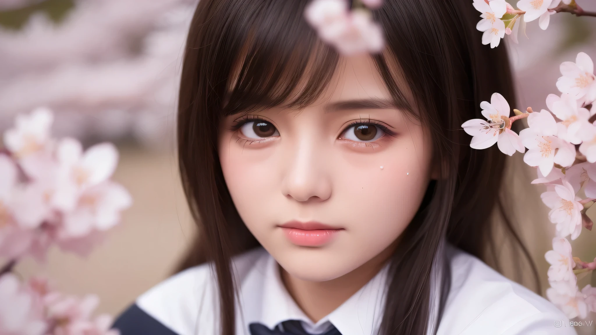 (1 girl), very cute face, (highly detailed eyes, highly detailed face), Fresh, very beautiful appearance, (surreal, High resolution), (highest quality:1.4), professional photography, (high school uniform:1.2), (Cherry blossoms at night, night:1.3), cherry blossoms, focus on the face, (shed tears), (there are tears in her eyes:1.3) 