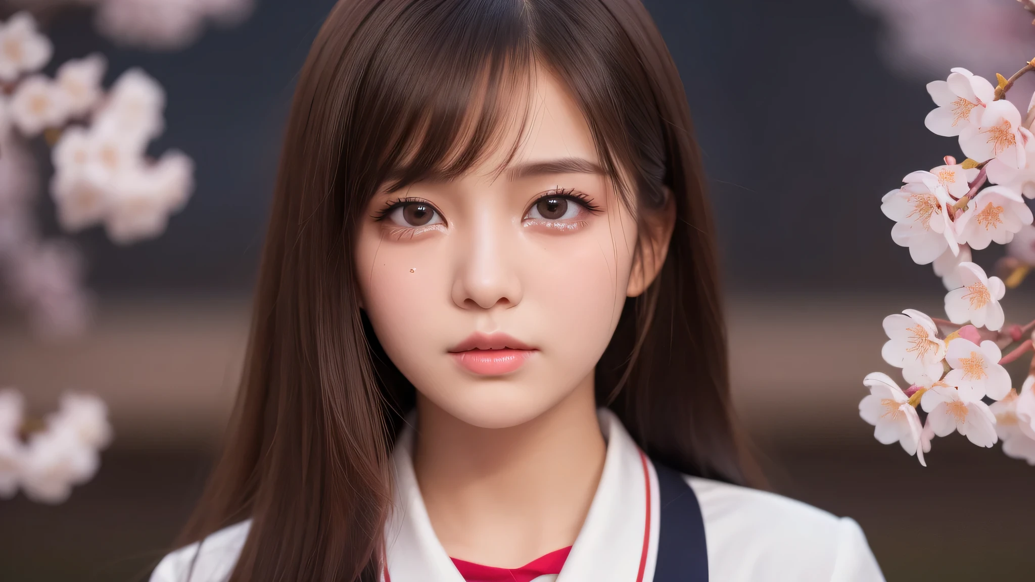 (1 girl), very cute face, (highly detailed eyes, highly detailed face), Fresh, very beautiful appearance, (surreal, High resolution), (highest quality:1.4), professional photography, (high school uniform:1.2), (Cherry blossoms at night, night:1.3), cherry blossoms, focus on the face, (shed tears), (there are tears in her eyes:1.3)