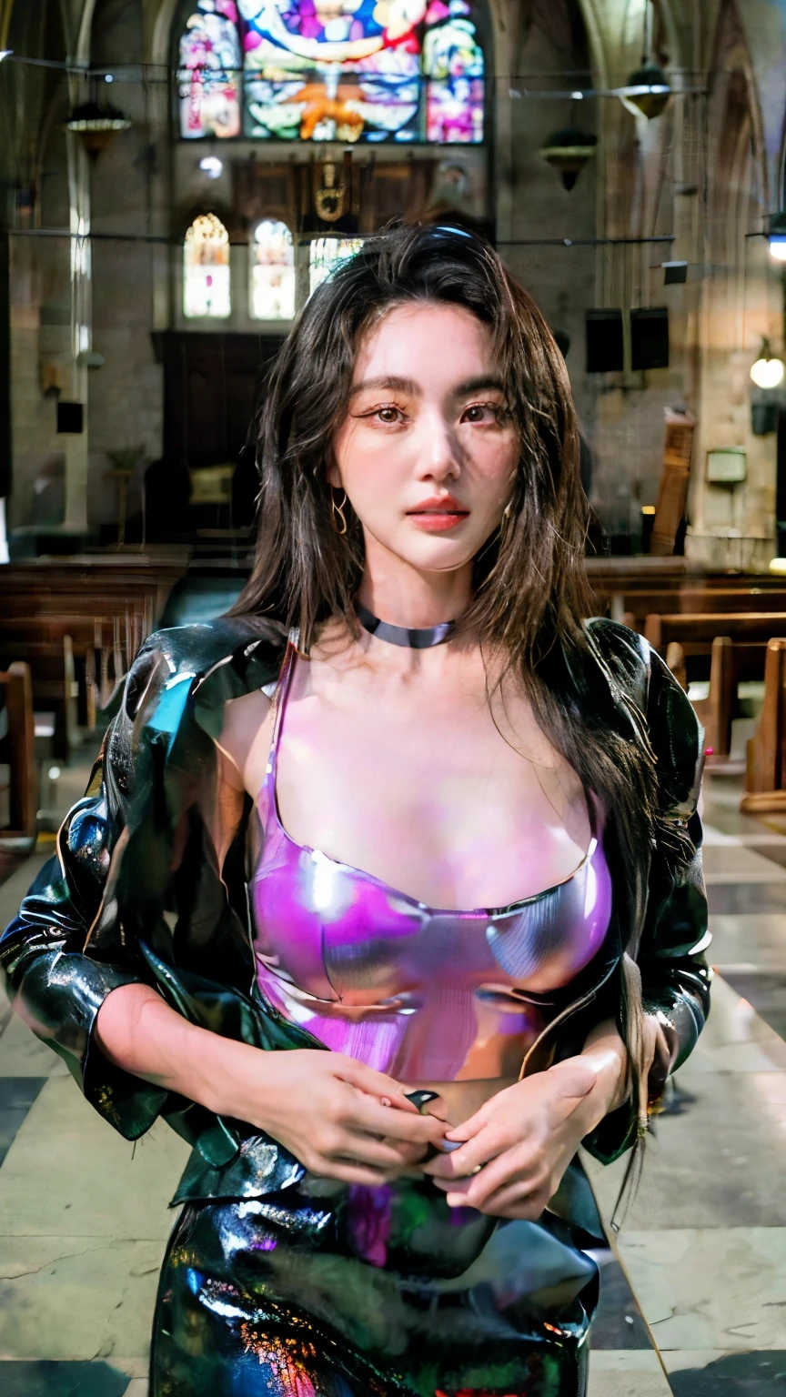 raw, analog) (gothic nun huge breast), set in the 1990's, surreal make up, leather clothes inside a gothic church at night, neon lights, very dark, horror, red shades, chaos, sinister, high details, ultra realistic, SonyA7III, cinematic lighting, film, grain, UHD faces, volumetric shadow, insanely detailed,  (Mai Davika Hoorne)