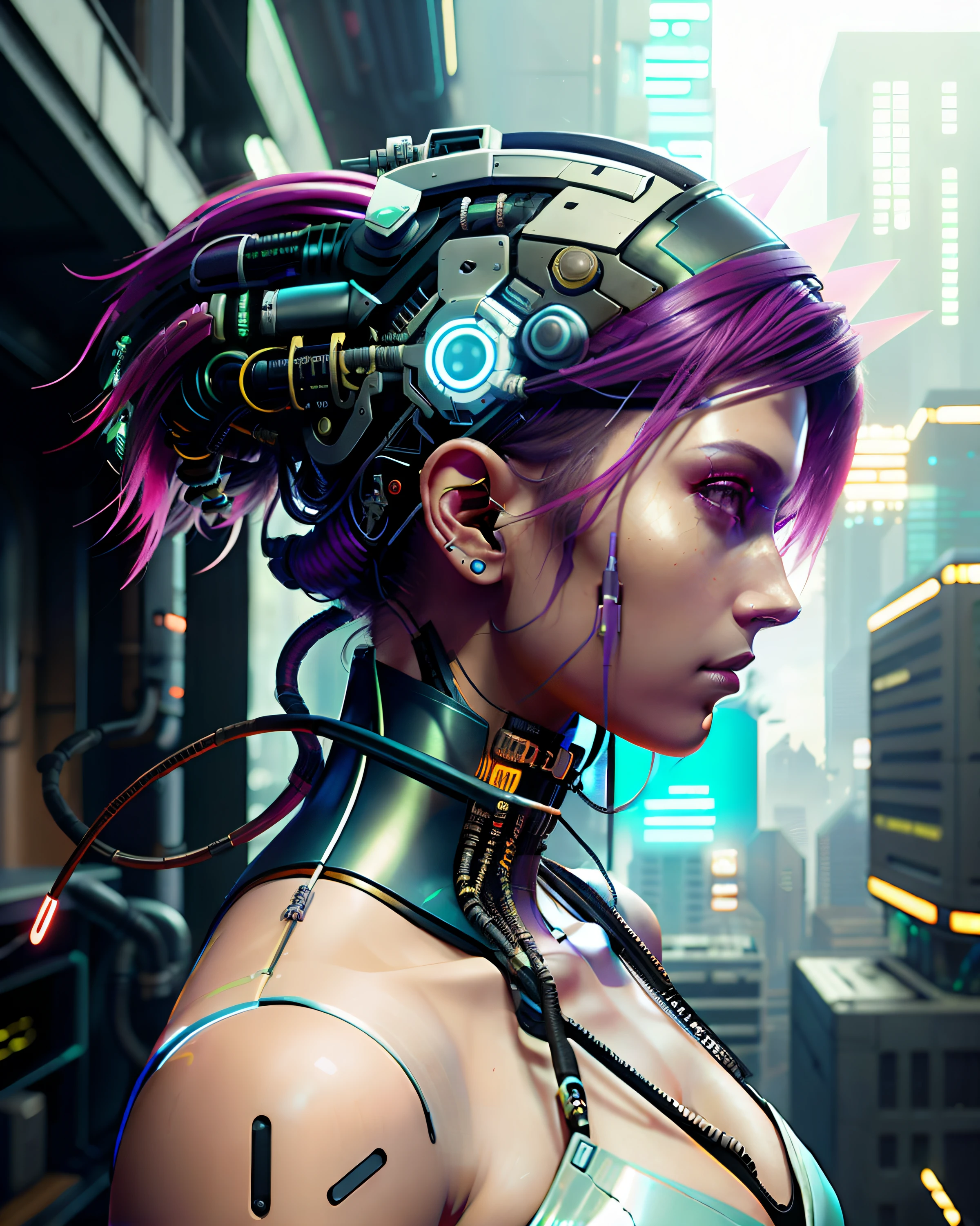 Havia uma mulher usando um cocar，Using a camera on the head, estilo cyberpunk hiper-realista, fone de ouvido ciberpunk, estilo ciberpunk ， hiperrealista, estilizado como um fantasma na concha, estilo cyberpunk silenciado, Cocar ciberpunk, transumanista cyberpunk, tem estilo cyberpunk, portrait of a cyberpunk machine, ciborgue - garota, Mostrar no《ciberpunk 2077》Encaracolado, Ciborgues aprimorados