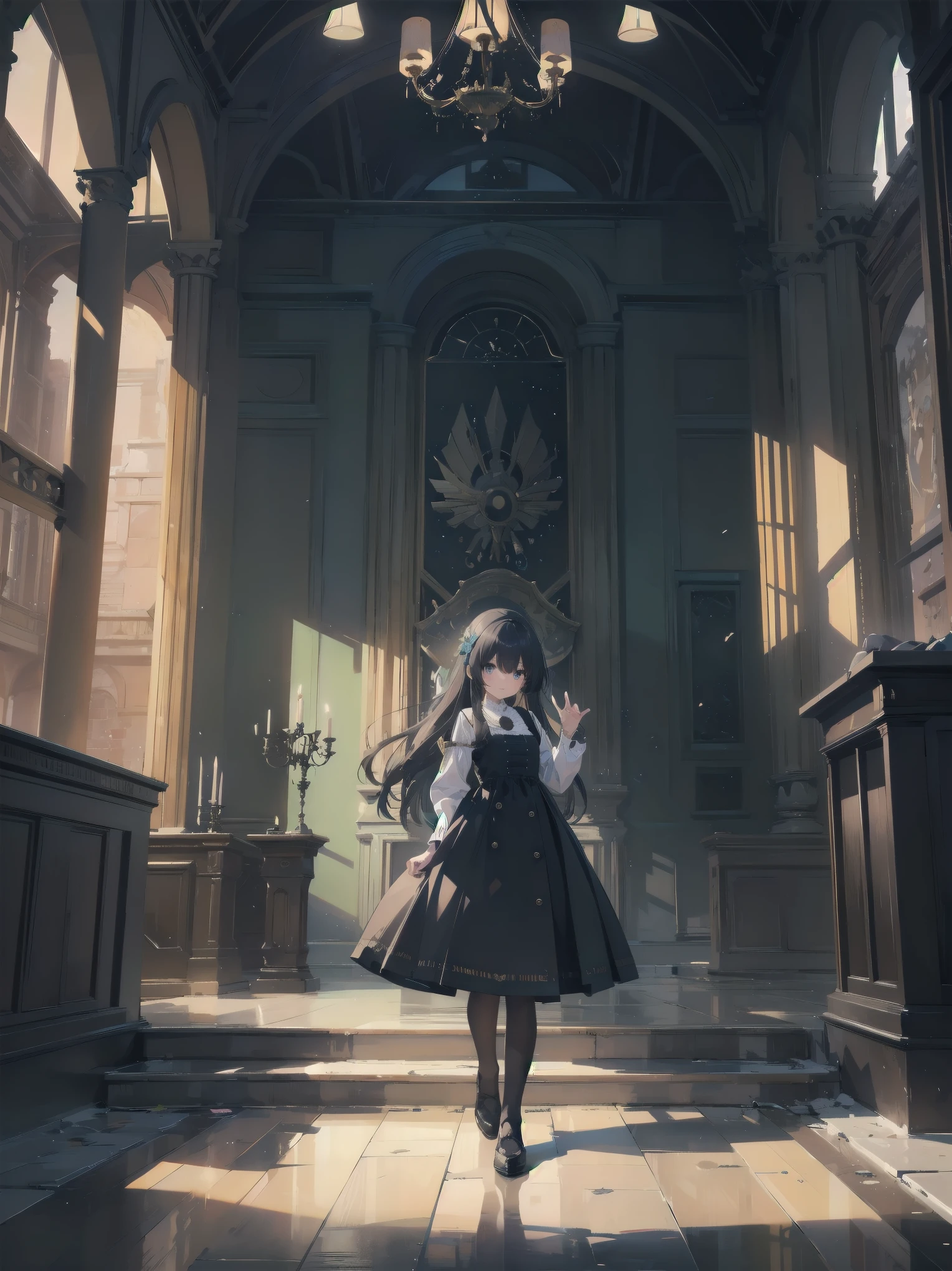 Inside the ancient ruins、In front of an altar illuminated by a mysterious power、One girl takes center stage。Her neat clothes and perfect features、With a clever gesture、Gives a feeling as if you have traveled back in time。Her appearance makes full use of realistic materials and textures.、Combining ancient mystery and modern beauty。This whole scene has、Artistic shading effect、There is a sense of dynamism reminiscent of the climax scene of a movie.。This high-quality, ultra-detailed illustration、Bring out the charm of the main heroine to the fullest