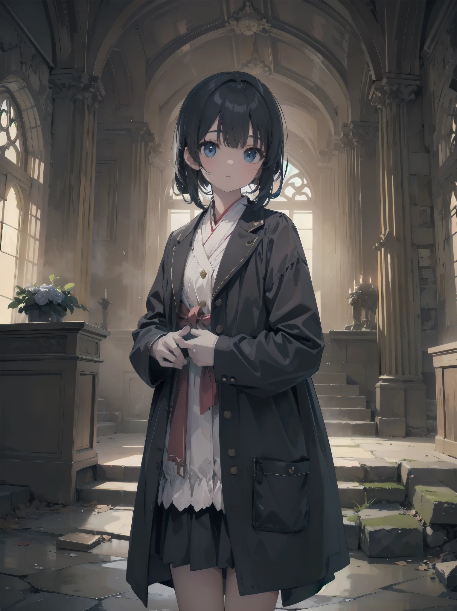 Inside the ancient ruins、In front of an altar illuminated by a mysterious power、One girl takes center stage。Her neat clothes and perfect features、With a clever gesture、Gives a feeling as if you have traveled back in time。Her appearance makes full use of realistic materials and textures.、Combining ancient mystery and modern beauty。This whole scene has、Artistic shading effect、There is a sense of dynamism reminiscent of the climax scene of a movie.。This high-quality, ultra-detailed illustration、Bring out the charm of the main heroine to the fullest