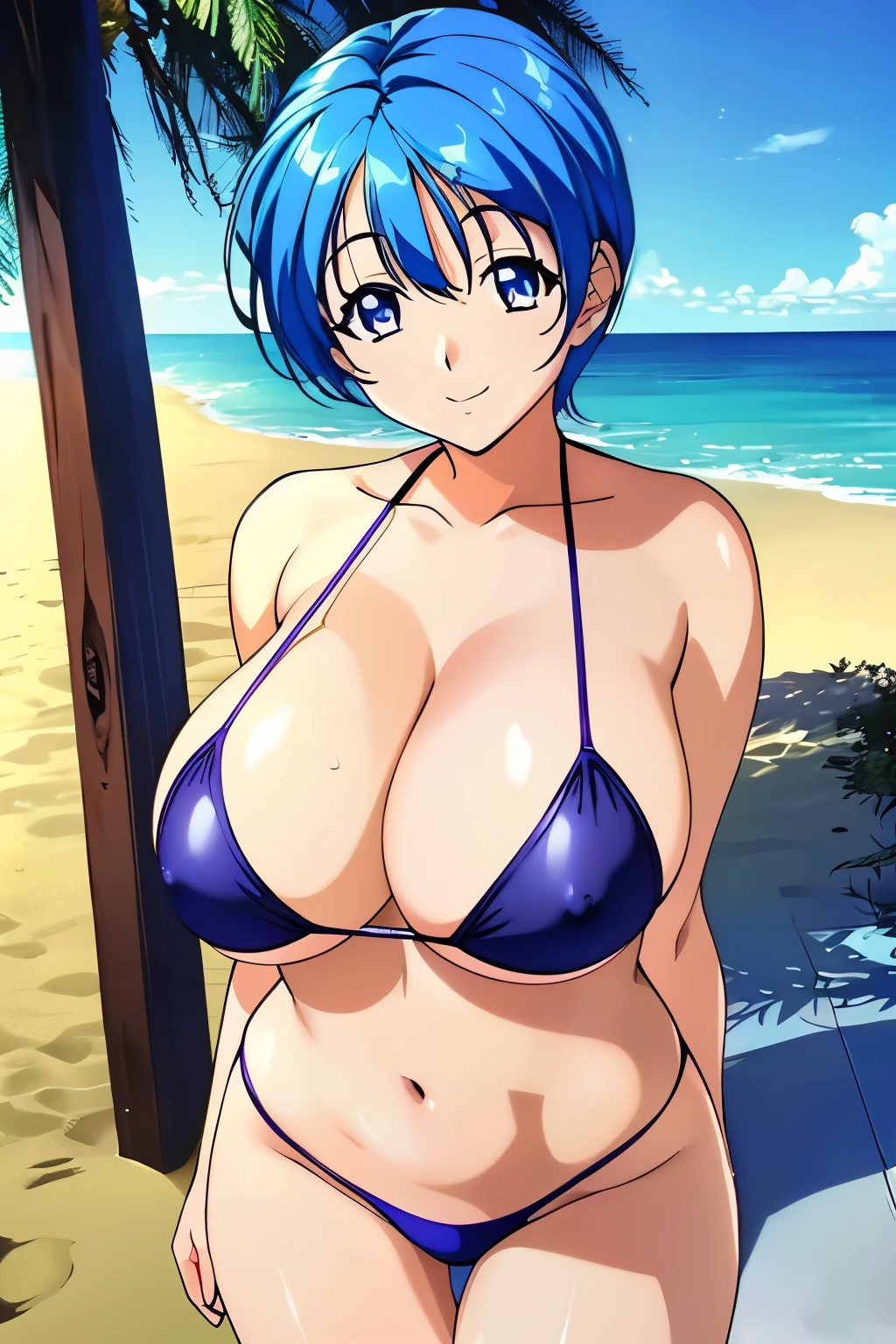 nsfw,high quality、high resolution、HIROSEMARIKO, 1GIRL, SOLO, BLUE HAIR, SHORT HAIR,(gigantic breasts:1), PURPLE EYES, BLUE EYES,bikini,beach,smile