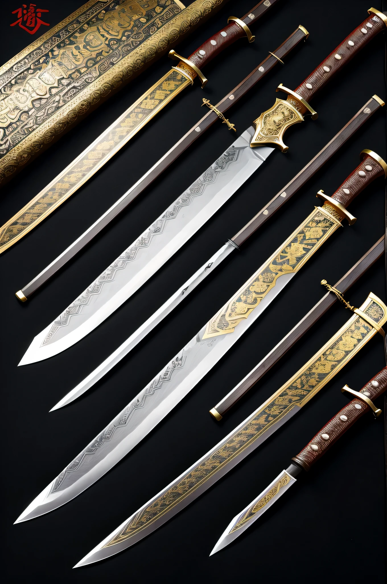 there are two large knives with gold decoration on them, jiang sword, beautiful sword, sword design, fantasy sword of warrior, one broadsword, black iron sword, by Chen Jiru, large sword, big sword, sword, broadsword, holstering sword, war blade weapon, long sword, by Chen Chun, gujian, armored sword blade