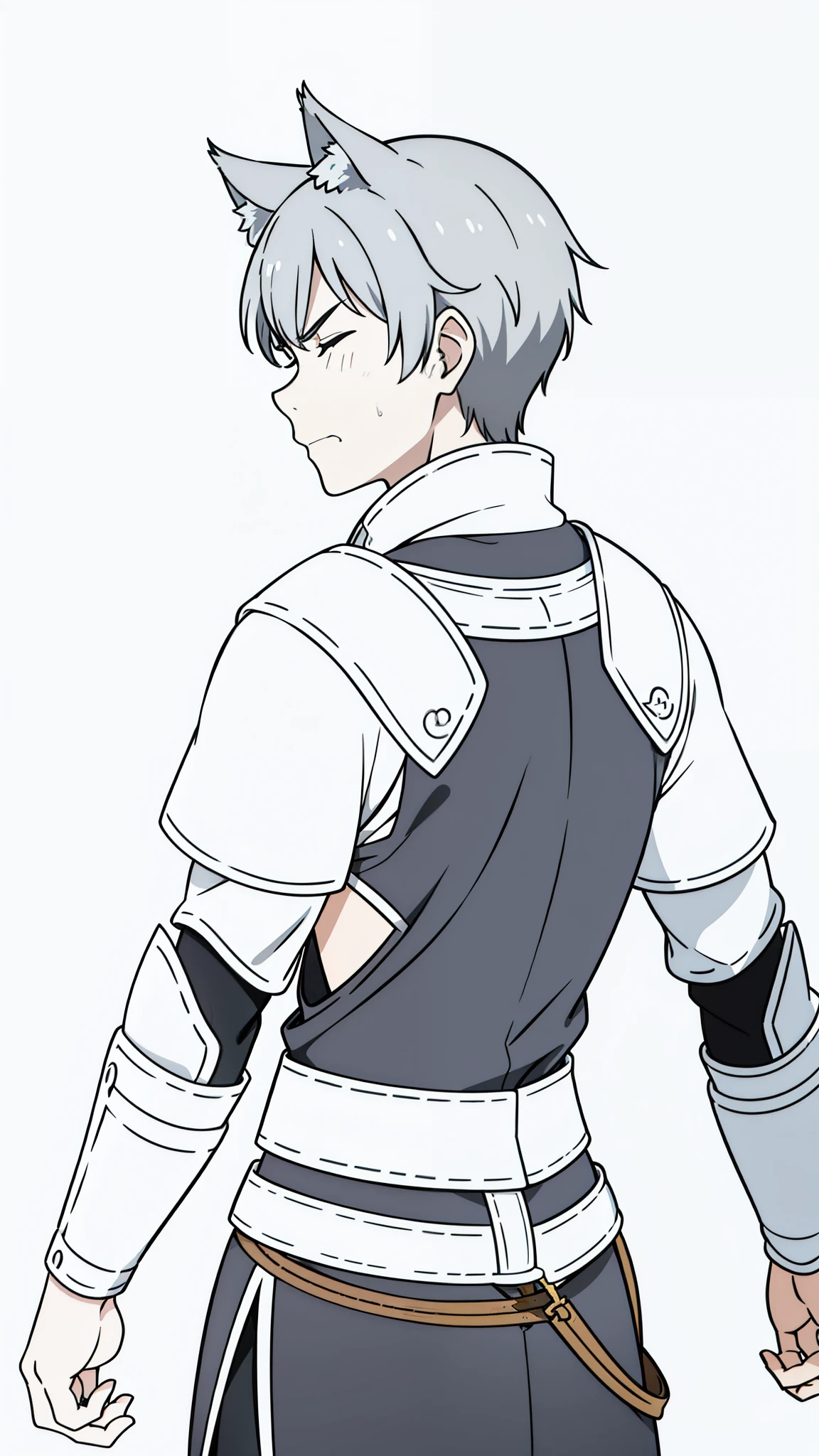 (1boy,),short hair,solo,simple armor,gray hair,wolf ears,(white background,line drawing),from back,no face,backwards,angry,closed eyes