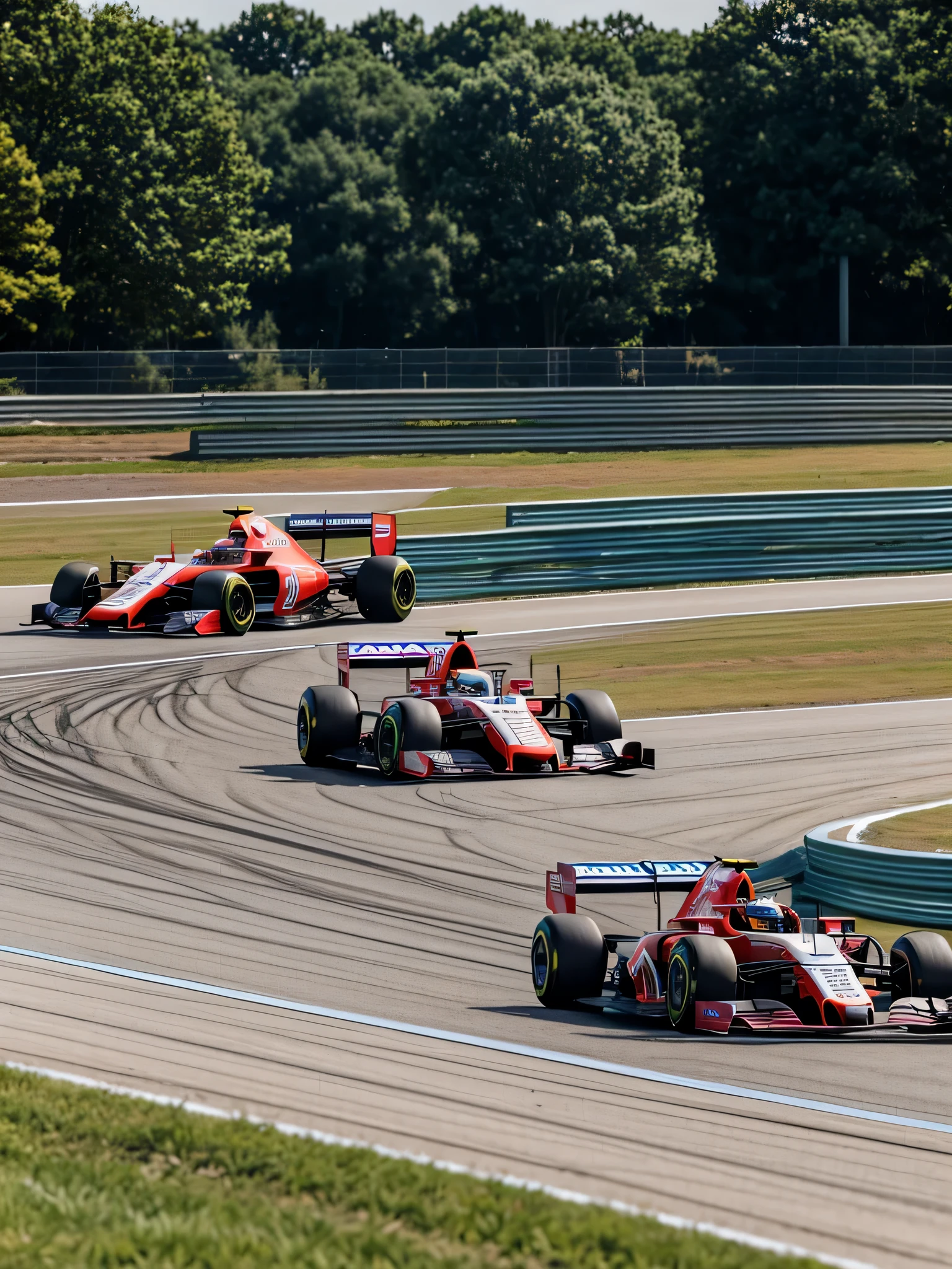 arafed race cars racing on a track with a bridge in the background, f1 cars blurred in background, race footage, f 1, 4 0 9 6, “wide shot, f 1/3, formula 1, looking towards camera, round about to start, wide long shot, 1 5 0 4, thumbnail, cover shot, f 1. 3