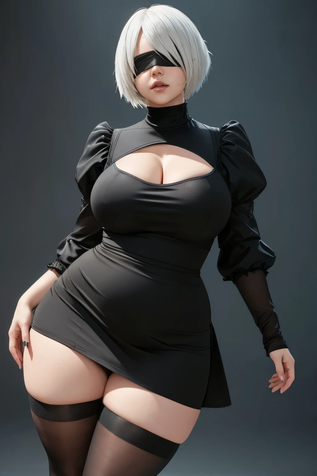 ((Masterpiece)), ((perfect quality)), ((UHD)), ((best quality)), ((photorealistic)), ((high quality)), ((detailed)), yorha 2b, white hair, beautiful, very beautiful face, perfect face, figure: (very chubby, wide waist, very full body, very curvy, very thick, chubby belly bottom, full body photo, curvy, sexy, thunder thighs, (belly bulge)), clothes :(tight black short dress, blindfold, black tights)