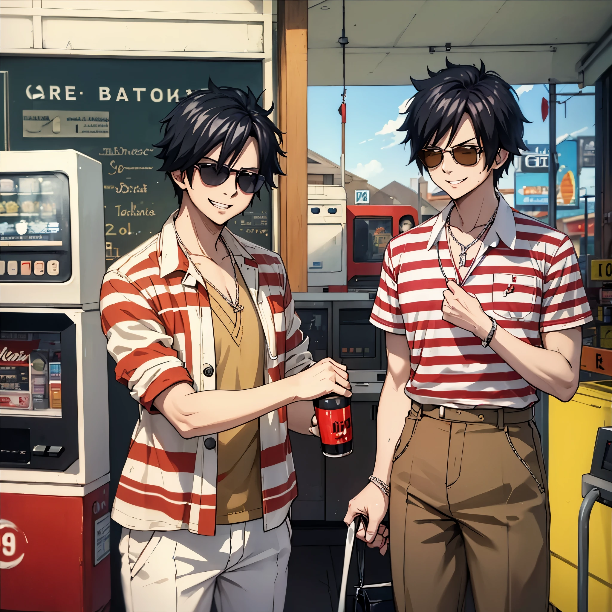 A man wearing a red and beige striped cotton shirt from the 1950s, wearing white pants, wearing sunglasses, straight black hair, smiling, at a gas station from the 1950s, day
