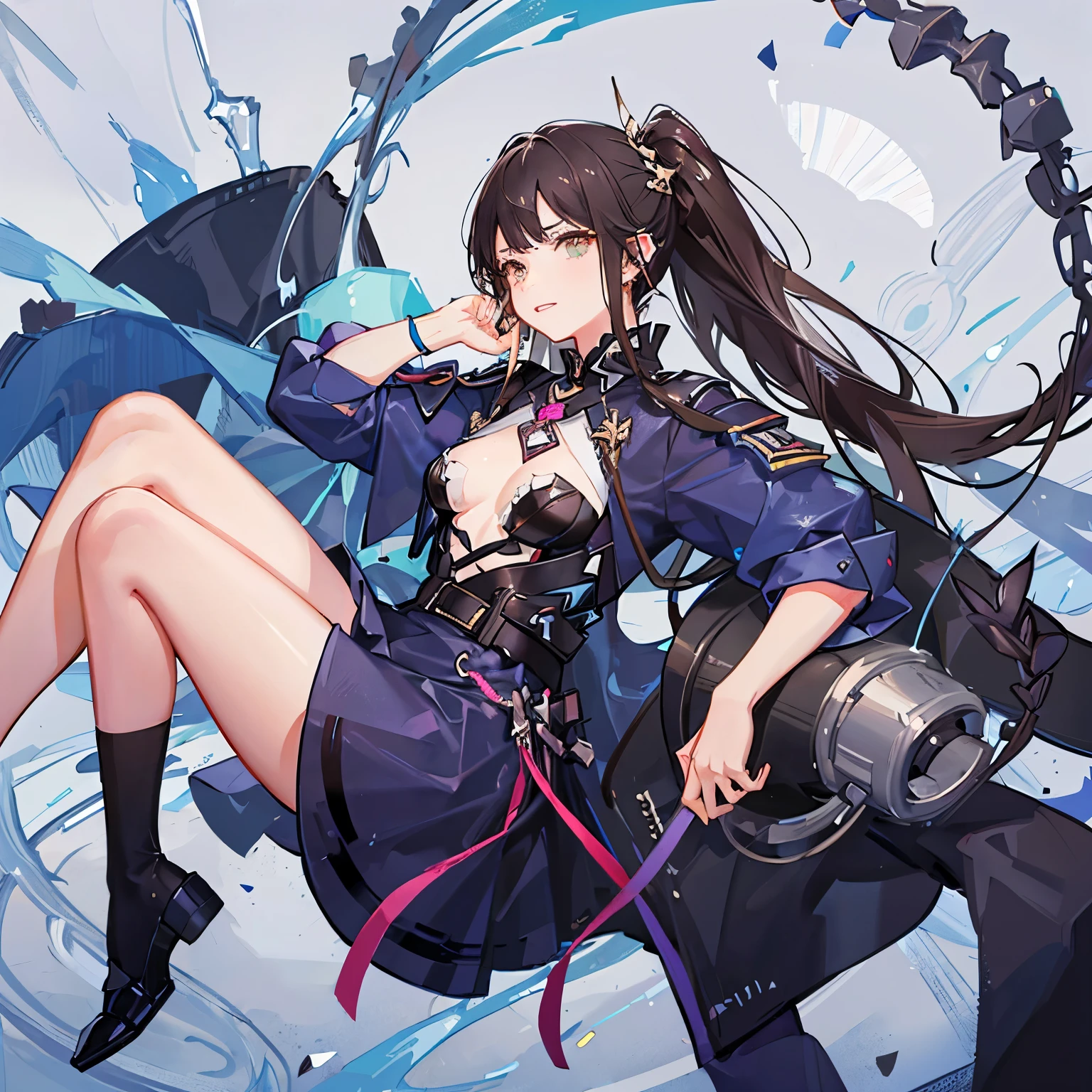 Anime girl wearing the UA uniform on her right ear was a red fringe earring with a touch of gold on top. Her dark brown hair which was long and messy reached my shoulders and was only tied at the top with a small half ponytail and a small braid on one side and with a small white mole in the back of her hair , her overall body consisted of an inverted triangle with curvy hips and medium sized breasts her face was oval with a greek nose and heart shaped lips her almond shaped eyes were dark brown in color completely piercing and with a star shaped pupil in each, her face was also adorned with small freckles and a few moles on most of her face