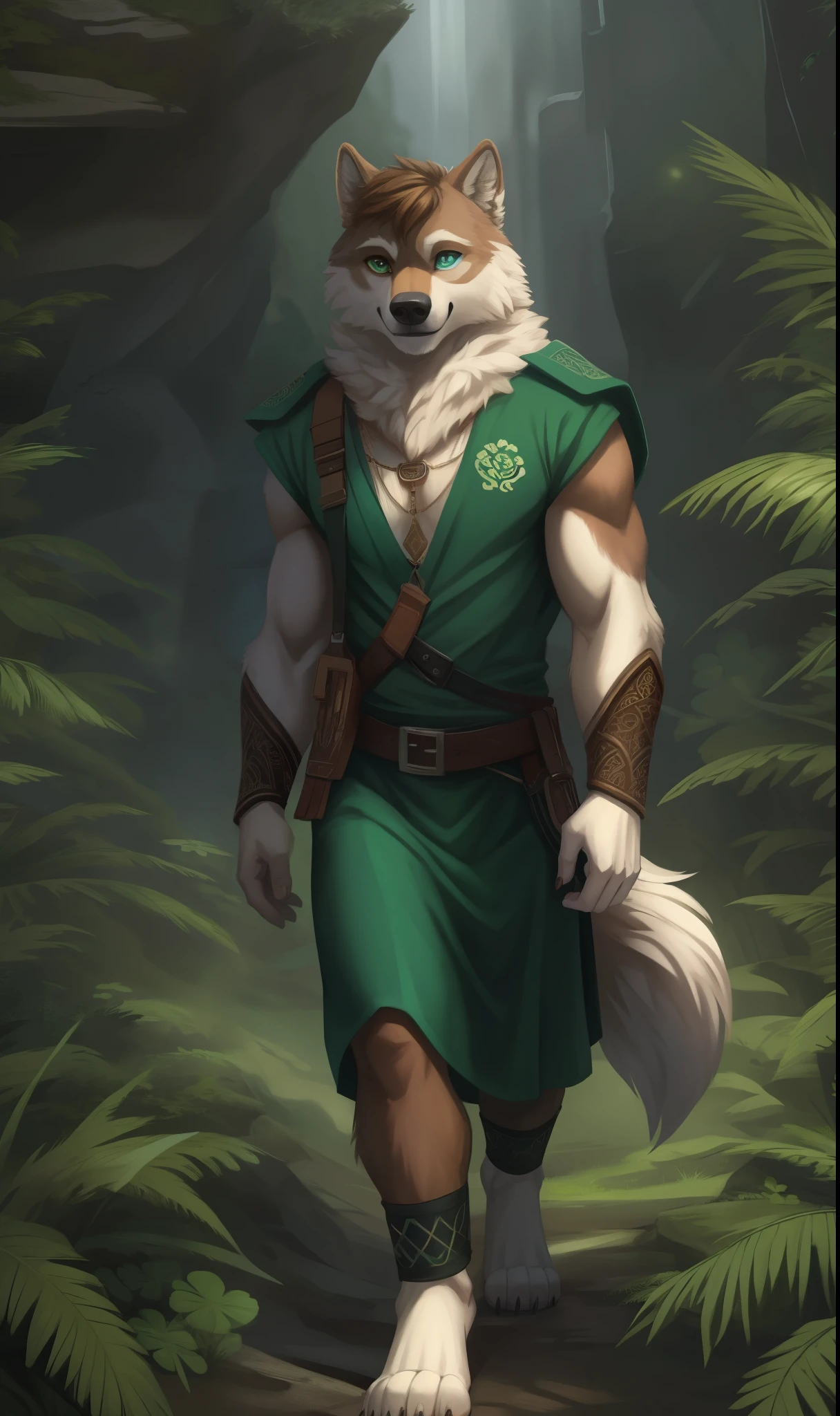 (((Barefoot furry wolf lepricon character))), (((full body))), (((cinematic setting))), (((tritone image with St. Patrick's blue, dark fern green and caramel brown hues))), (((Ireland themed))) Come my love our world's would part The gods will guide us across the dark Come with me and be mine my love Stay and break my heart From the shores through the ancient mist You bear the mark of my elven kiss Clear the way, I will take you home To eternal bliss Sha ta co-ti os cum-na ridh na Sha ta co-ti o nu-ga Tír na nÓg Sha ta co-ti os cum-na-ridh na BREAK, detailed background (modern lab), 8K, (masterpiece:1.5), intricate details, highly detailed, extreme detail, octane render, fine art, best quality, highres, (detailed face:1.5), ((full_body)), UHD, (((perfect hands)))
