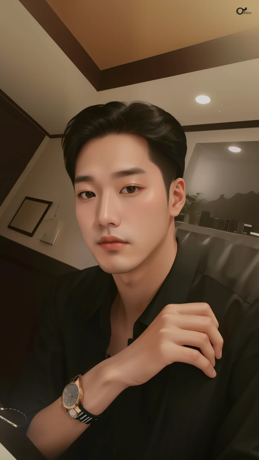a close-up of a person wearing a watch and a black shirt, homem sul-coreano, kpop idol portrait, inspirado em Joong Keun Lee, artista coreano, Retrato de Jossi do Blackpink, inspirado em Kim Myeong-guk, inspirado em Yanjun Cheng, [ arte digital ]!!, Hong junho hyung, Jinyoung Shin, inspirado em Sim Sa-jeong