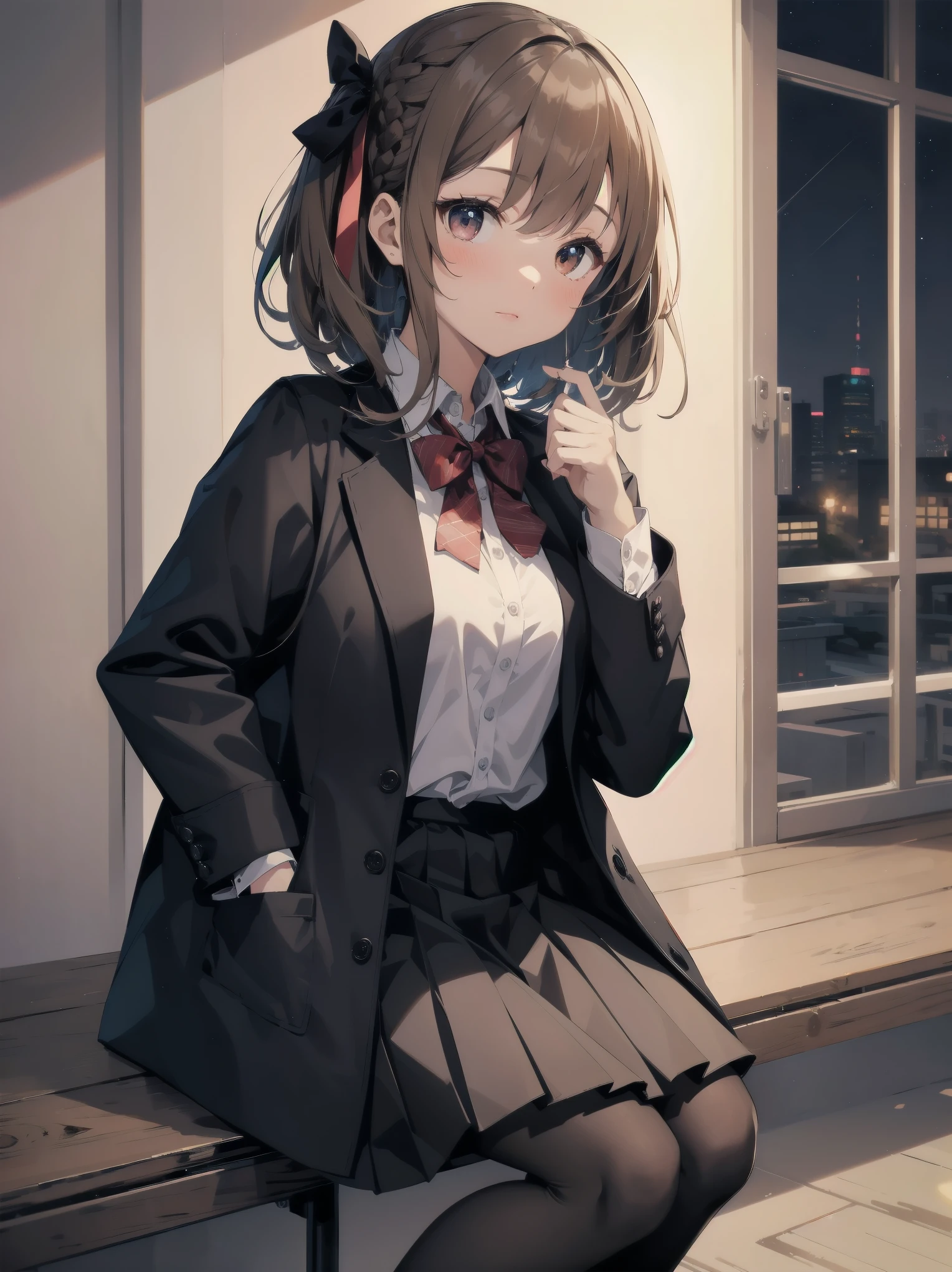 masterpiece, highest quality, High resolution, super detailed, 1 girl、solo、bog cut、braid、colorful hair,one side up,parted bangs hair ribbon,Jacket,black Jacket,open Jacket,red bow tie,vest,brown vest,shirt,white shirt,short sleeve,shorter than long sleeve,skirt,black skirt,pantyhose,brown 黒色のpantyhose,Argyle Legwear,indoor,blush,(embarrassing:1.2),(night:1.4),cute、Super cute
