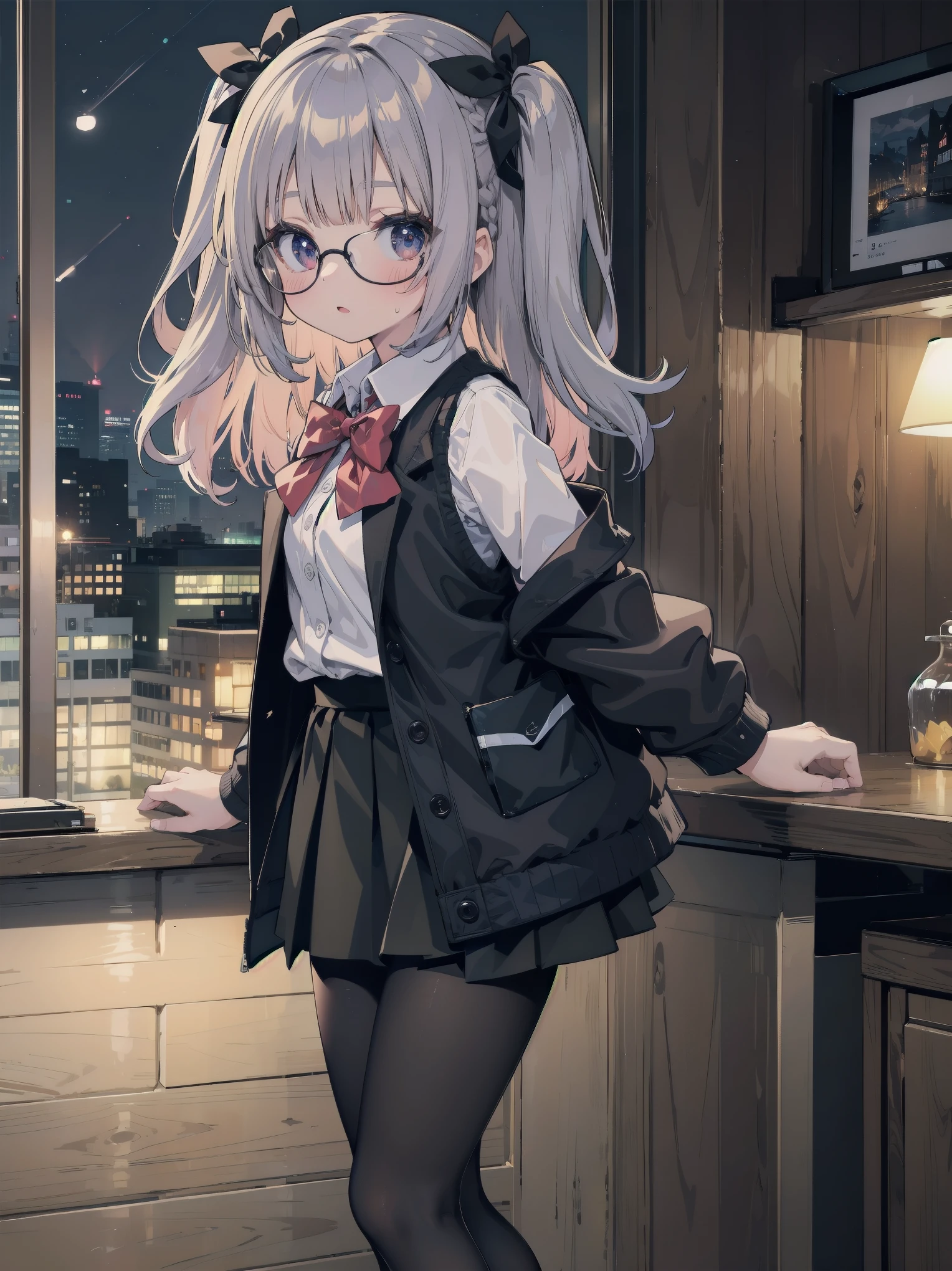 masterpiece, highest quality, High resolution, super detailed, 1 girl、solo、bog cut、braid、colorful hair,one side up,parted bangs hair ribbon,Jacket,black Jacket,open Jacket,red bow tie,vest,brown vest,shirt,white shirt,short sleeve,shorter than long sleeve,skirt,black skirt,pantyhose,brown 黒色のpantyhose,Argyle Legwear,indoor,blush,(embarrassing:1.2),(night:1.4),cute、Super cute
