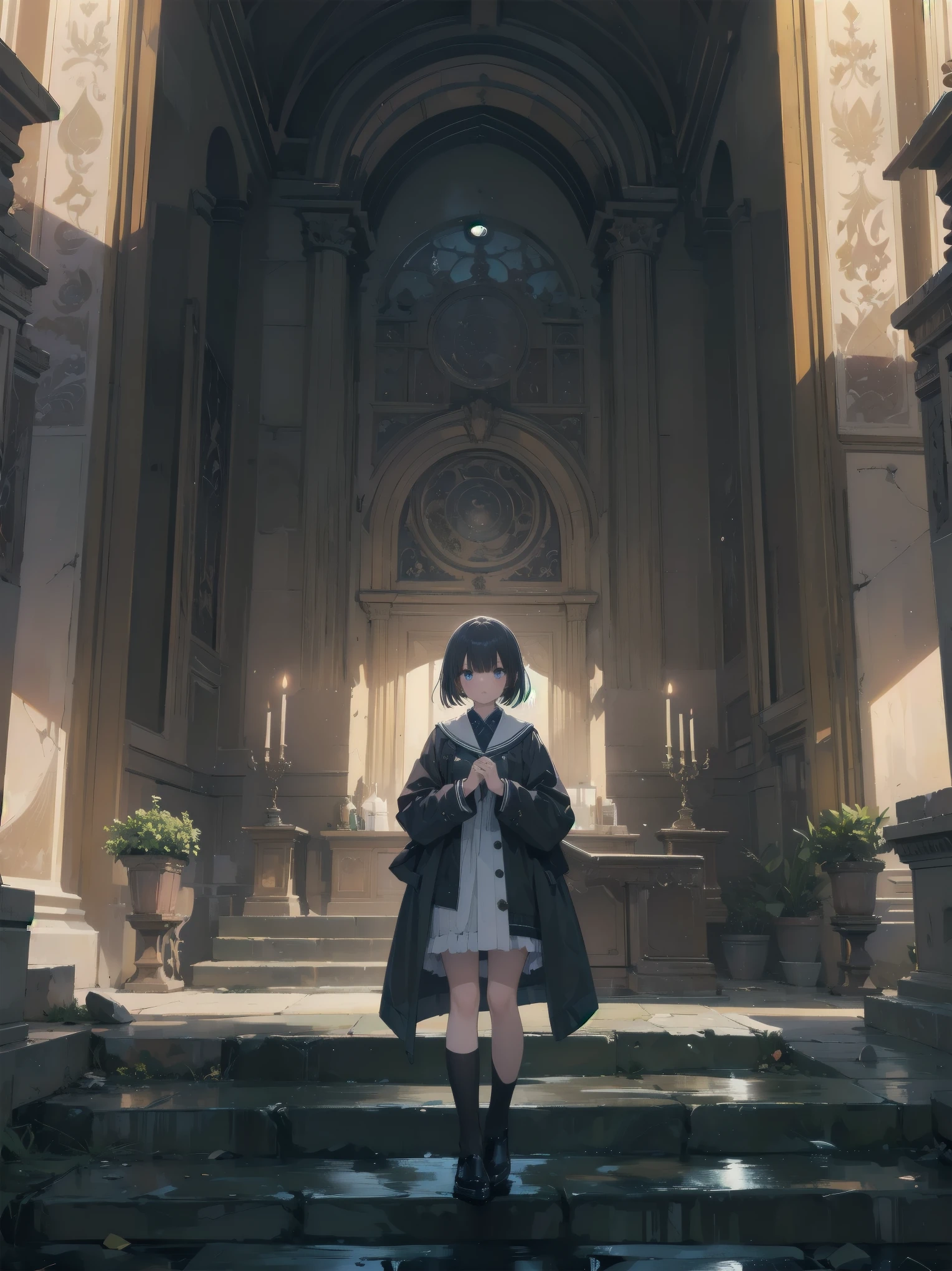 Inside the ancient ruins、In front of an altar illuminated by a mysterious power、One girl takes center stage。Her neat clothes and perfect features、With a clever gesture、Gives a feeling as if you have traveled back in time。Her appearance makes full use of realistic materials and textures.、Combining ancient mystery and modern beauty。This whole scene has、Artistic shading effect、There is a sense of dynamism reminiscent of the climax scene of a movie.。This high-quality, ultra-detailed illustration、Bring out the charm of the main heroine to the fullest