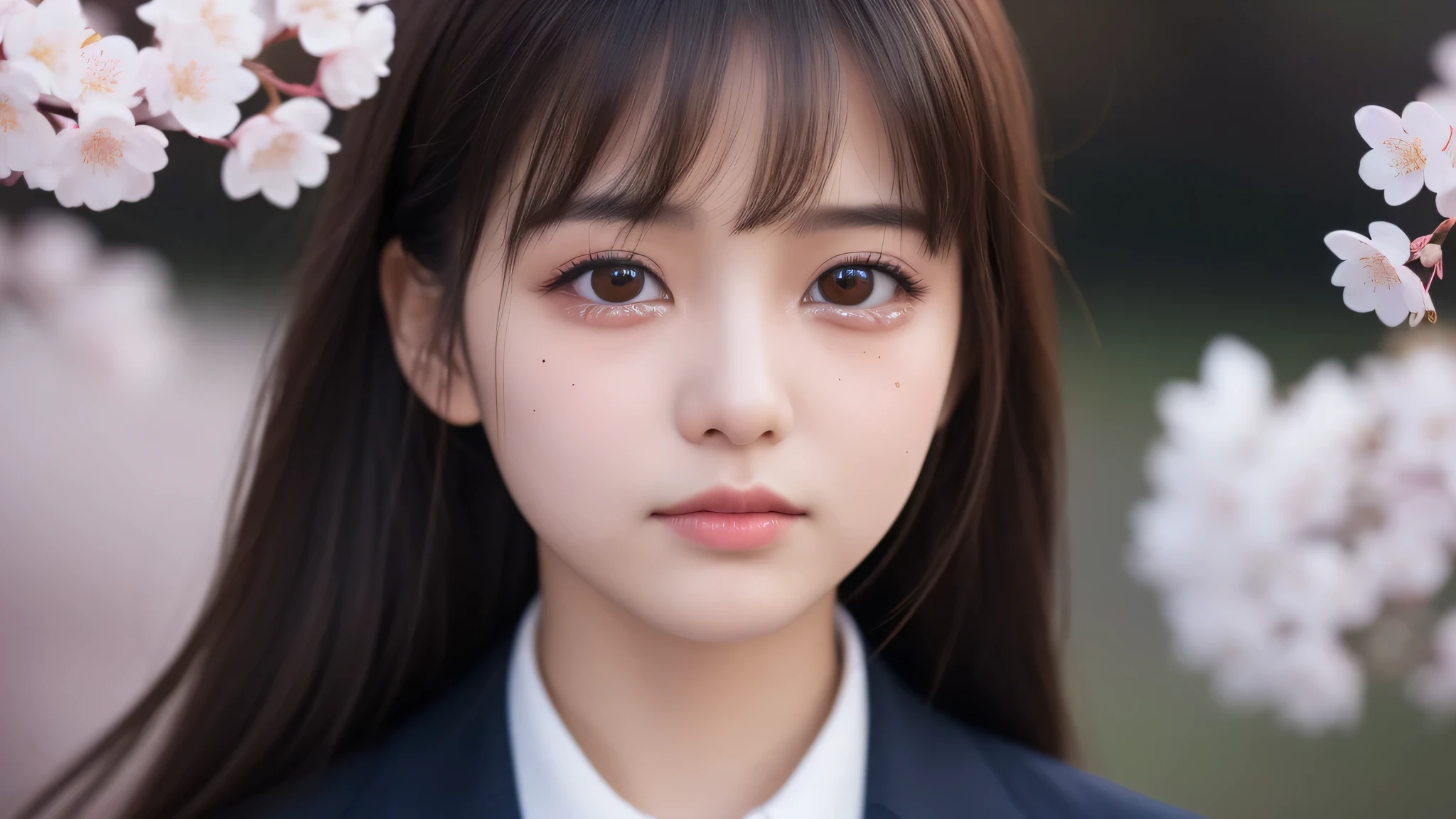 (1 girl), very cute face, small mole under the eye, (highly detailed eyes, highly detailed face), Fresh, very beautiful appearance, (surreal, High resolution), (highest quality:1.4), professional photography, (high school uniform:1.2), (Cherry blossoms at night, night:1.3), cherry blossoms, focus on the face, (shed tears), (there are tears in her eyes:1.3) 