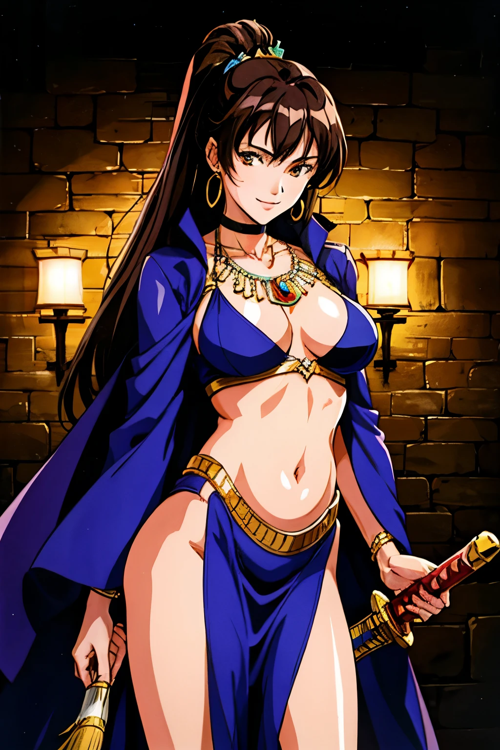 1990s,(style), (cel anime:1.1), official art, perfect lighting,Colorful,,perfect anatomy,black long hair,ponytail,hidero horibe, choker,  jewelry, earrings, (shiny skin), medium breasts, masterpiece, best quality, highly detailed ,glint,halterneck,gold_choker, complex detailed background,
inside, stone wall, ancient interior, ancient egyptian room, hieroglyphs, dark lighting, dark
atmosphere, (cowboy shot), holding a sword, sword, belly_chain,harem_outfit,navel, necklace,
pelvic_curtain,revealing_clothes, veil，masterpiece,best quality,1girl,mature,evil smile, smile,
female,mature,necklace,pendant, (nsfw) not safe for work, exposed belly, exposed navel, exposed
midriff, exposed lower belly