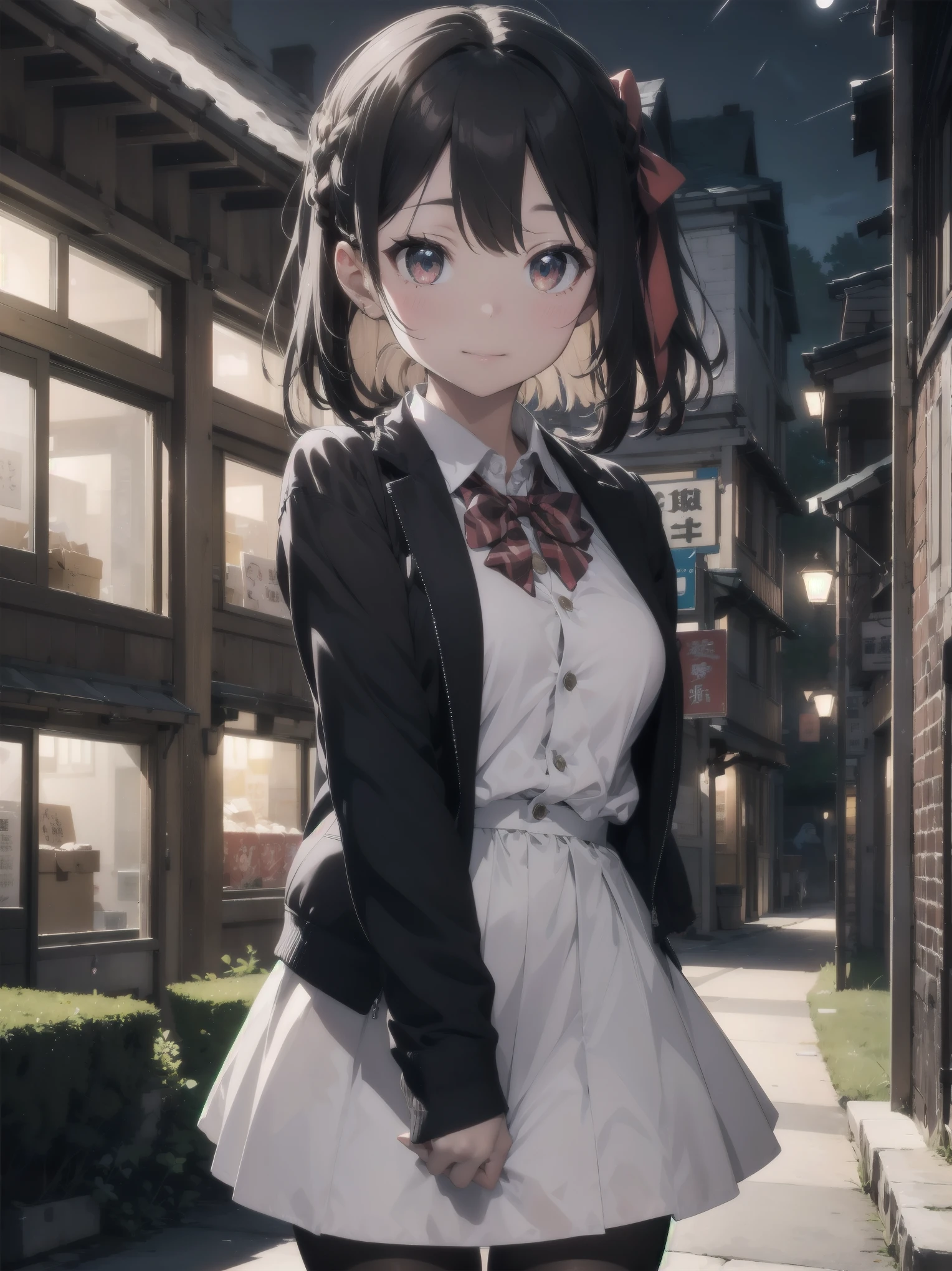 masterpiece, highest quality, High resolution, super detailed, 1 girl、solo、bog cut、braid、colorful hair,one side up,parted bangs hair ribbon,Jacket,black Jacket,open Jacket,red bow tie,vest,brown vest,shirt,white shirt,short sleeve,shorter than long sleeve,skirt,black skirt,pantyhose,brown 黒色のpantyhose,Argyle Legwear,indoor,blush,(embarrassing:1.2),(night:1.4),cute、Super cute