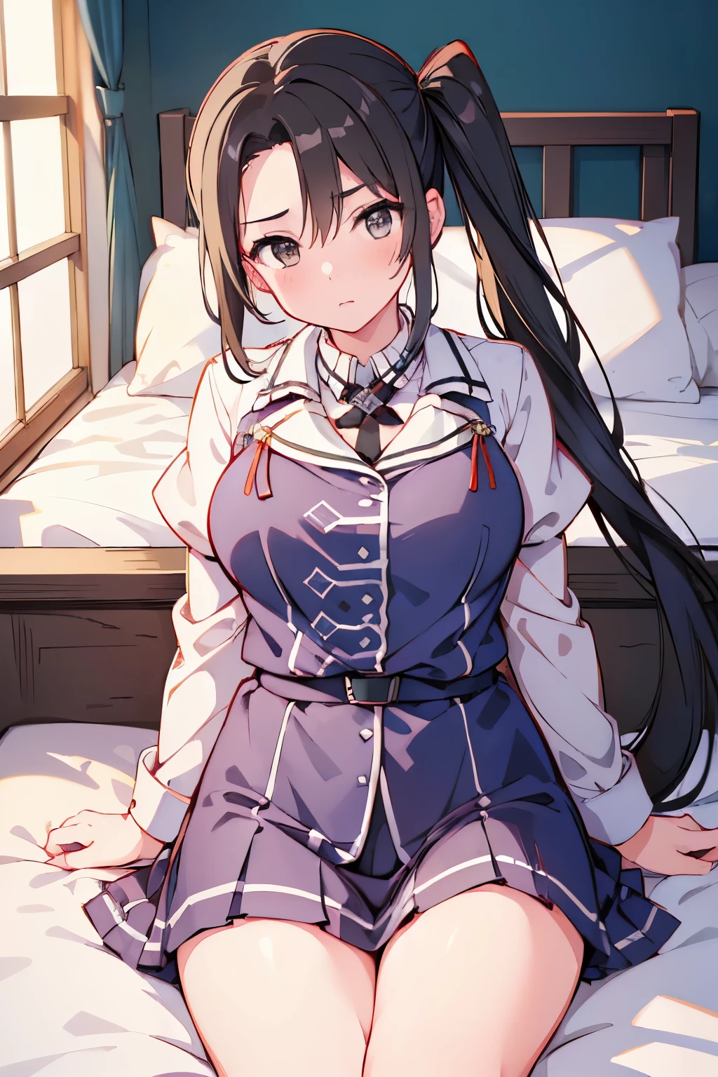 (((masterpiece)))、(((high resolution)))、(((high resolution)))、(((perfect face)))、(((Nachi-Kancolle)))、(((uniform)))、(((beautiful face)))、bed、white skin、(big breasts)、(Plump)、embarrassed look、((looking at camera))、NSFW、(((On your back)))