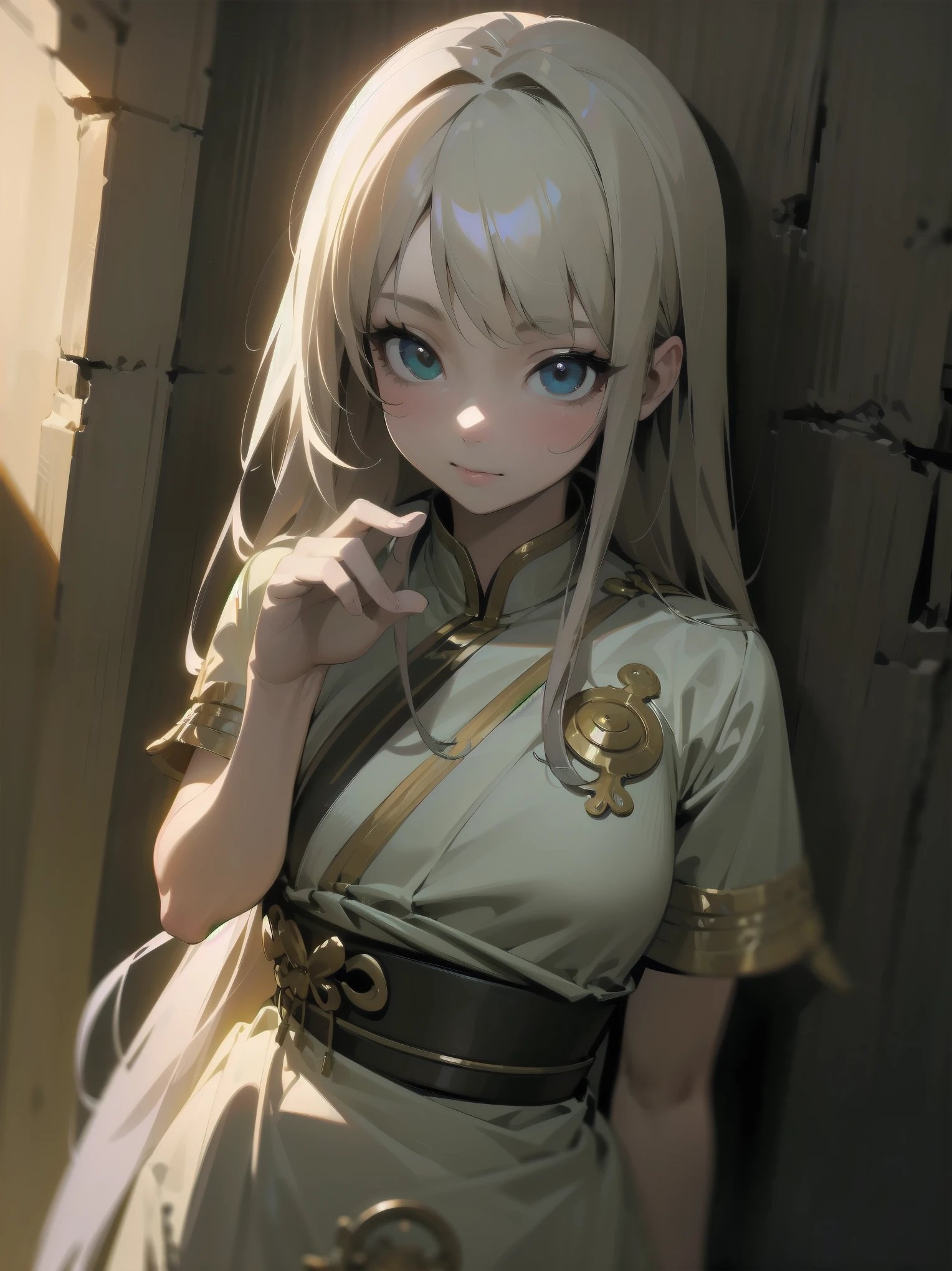 Inside unimaginable ancient ruins、In a corner where a mysterious light shines in、A neat and beautiful girl is standing。her perfect face、It is further highlighted by the artistic shading effect.。Her costume is drawn with realistic materials and textures.、in harmony with ancient ornaments、Carefully expressed down to the smallest detail。The girl is、He is staring at me with a sly gesture.、That moment is as dynamic as a scene from a movie.。This illustration、The design brings out the cuteness of the main heroine to the fullest.、High quality and extremely detailed。