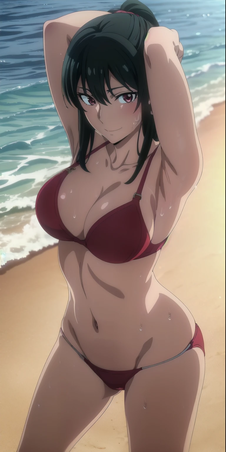 (masterpiece, best quality, high resolution, animescreencap, anime colored,), (perfect anatomy, beautiful detailed eyes, beautiful detailed body, beautiful breast, shiny skin), a sexy mature anime lady standing,maki zenin(jujutsu kaisen),((bikini panties,bikini bra)), shiny thighs, looking at viewer, ponytail,black hair,long hair, side bangs,red eyes, medium breasts, medium chest, outdoors, beach, blue skies,clouds, sunlight,((sweaty body)), wet skin, show both armpits, arms above head, sweaty armpits, slim waist, dynamic pose, erotic pose, shiny legs, ((wet armpits), looking at viewer, (looking from up above), legs open, smiling, 