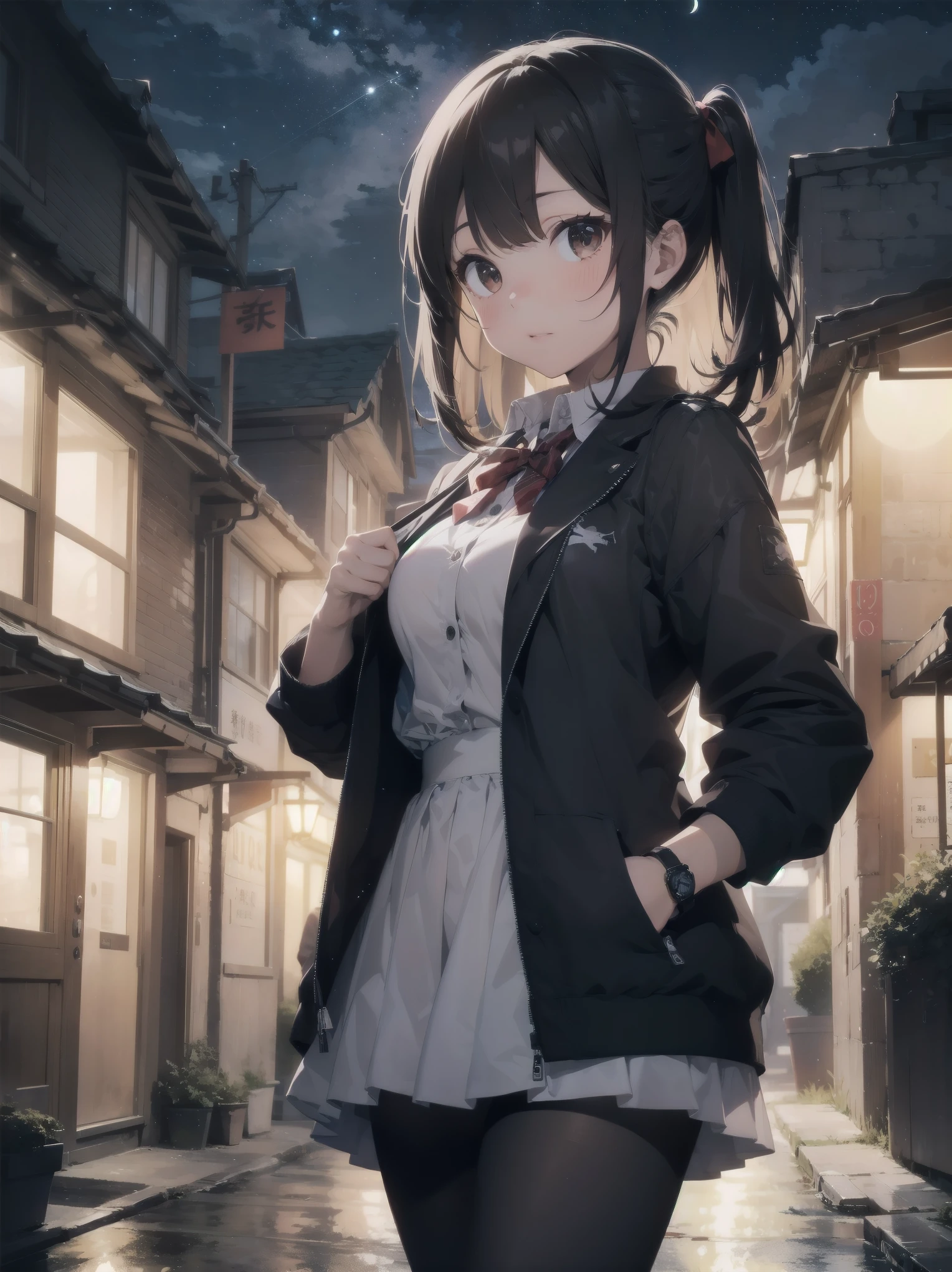 masterpiece, highest quality, High resolution, super detailed, 1 girl、solo、bog cut、braid、colorful hair,one side up,parted bangs hair ribbon,Jacket,black Jacket,open Jacket,red bow tie,vest,brown vest,shirt,white shirt,short sleeve,shorter than long sleeve,skirt,black skirt,pantyhose,brown 黒色のpantyhose,Argyle Legwear,indoor,blush,(embarrassing:1.2),(night:1.4),cute、Super cute