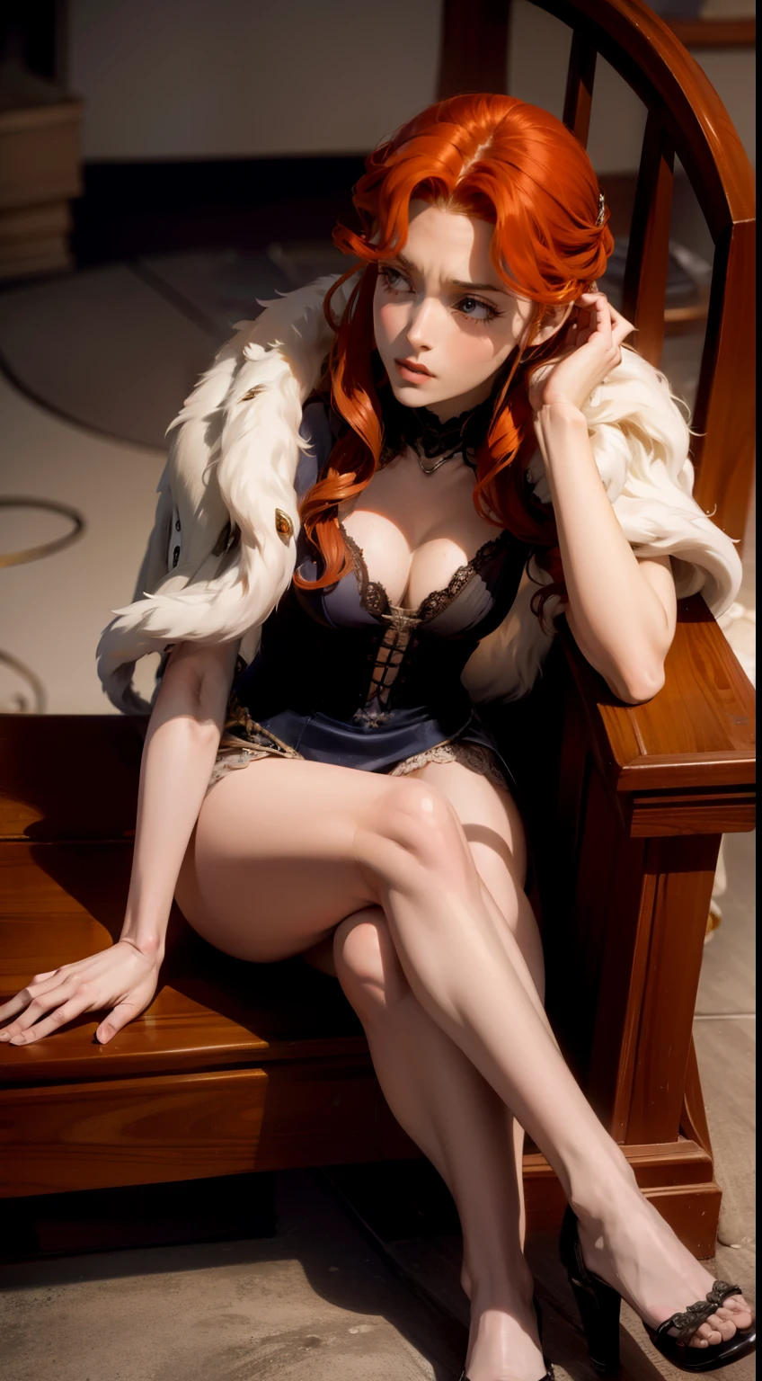 ((foto de corpo inteiro)), ((foto realista)), 1 girl, (colete: 1.2), 8k, high-res, pele finamente detalhada, lingerie, seios enormes, lenore from castlevania, vampire, red hair, skirt, sitting, toned legs, heels, dominant, low angle, upskirt, athletic, skinny, toned, smaller body, thin waist, from below, crossed legs, highly detailed realisticly proportioned legs, toned legs