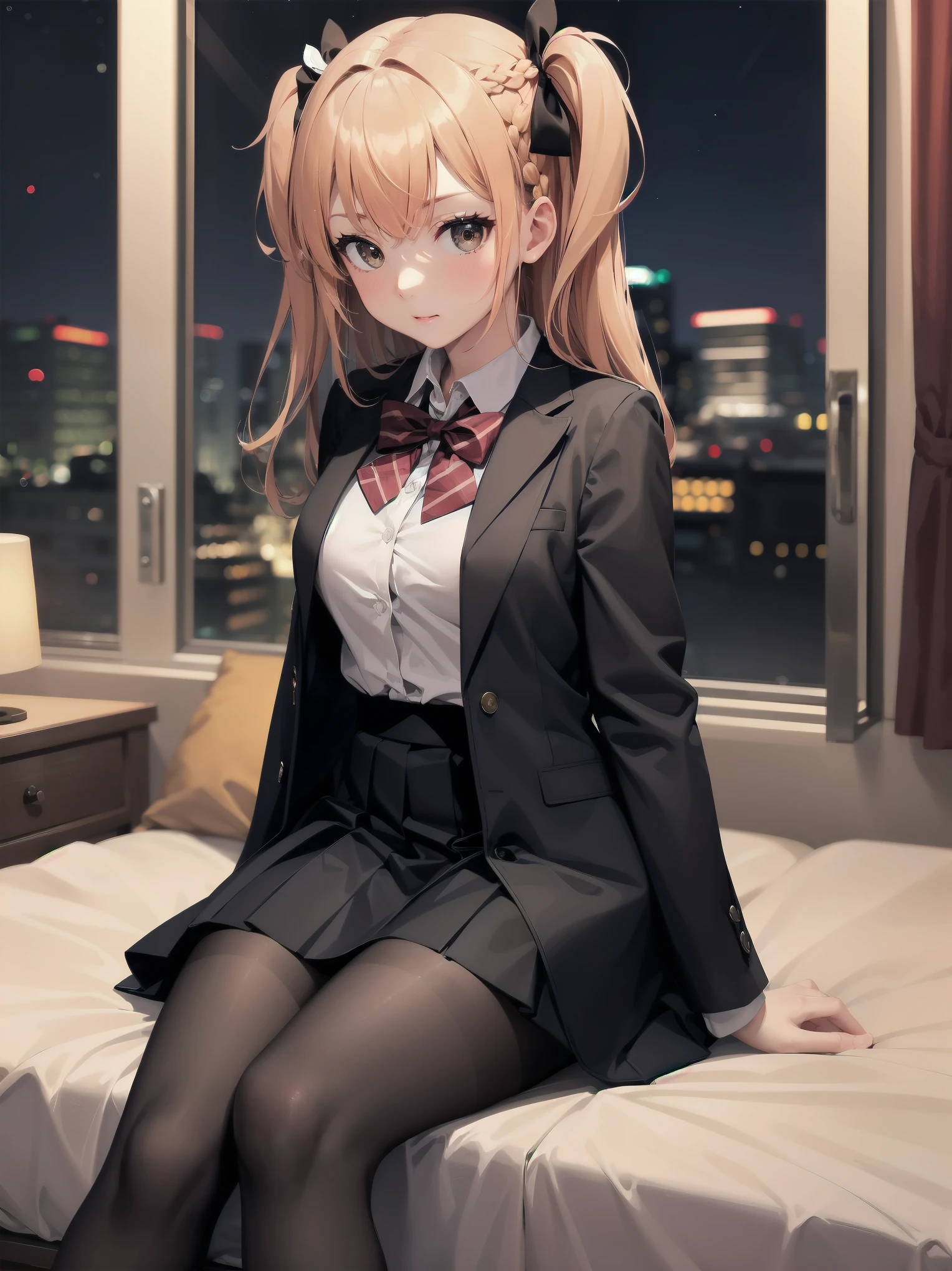 masterpiece, highest quality, High resolution, super detailed, 1 girl、solo、bog cut、braid、colorful hair,one side up,parted bangs hair ribbon,Jacket,black Jacket,open Jacket,red bow tie,vest,brown vest,shirt,white shirt,short sleeve,shorter than long sleeve,skirt,black skirt,pantyhose,brown 黒色のpantyhose,Argyle Legwear,indoor,blush,(embarrassing:1.2),(night:1.4),cute、Super cute
