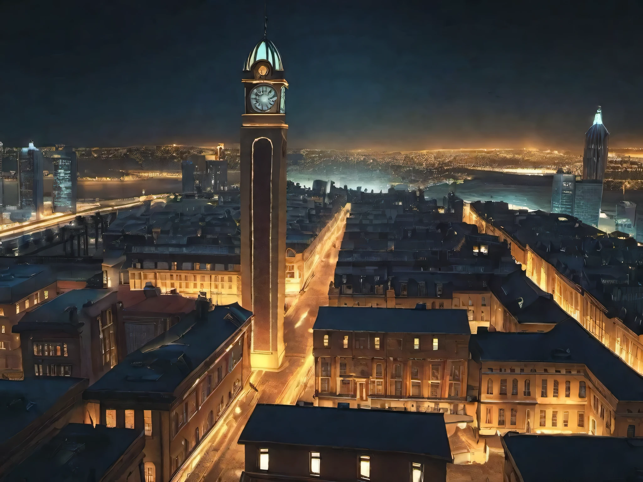 arafed view of a city at night with a clock tower, vfx powers at night in the city, cinematic shot ar 9:16 -n 6 -g, very detailed citycape at night, high quality screenshot, youtube video screenshot, cinematic full shot, lit from above, night shot, 8k cinematic shot, cinematic lighting at night, cinematic shot
