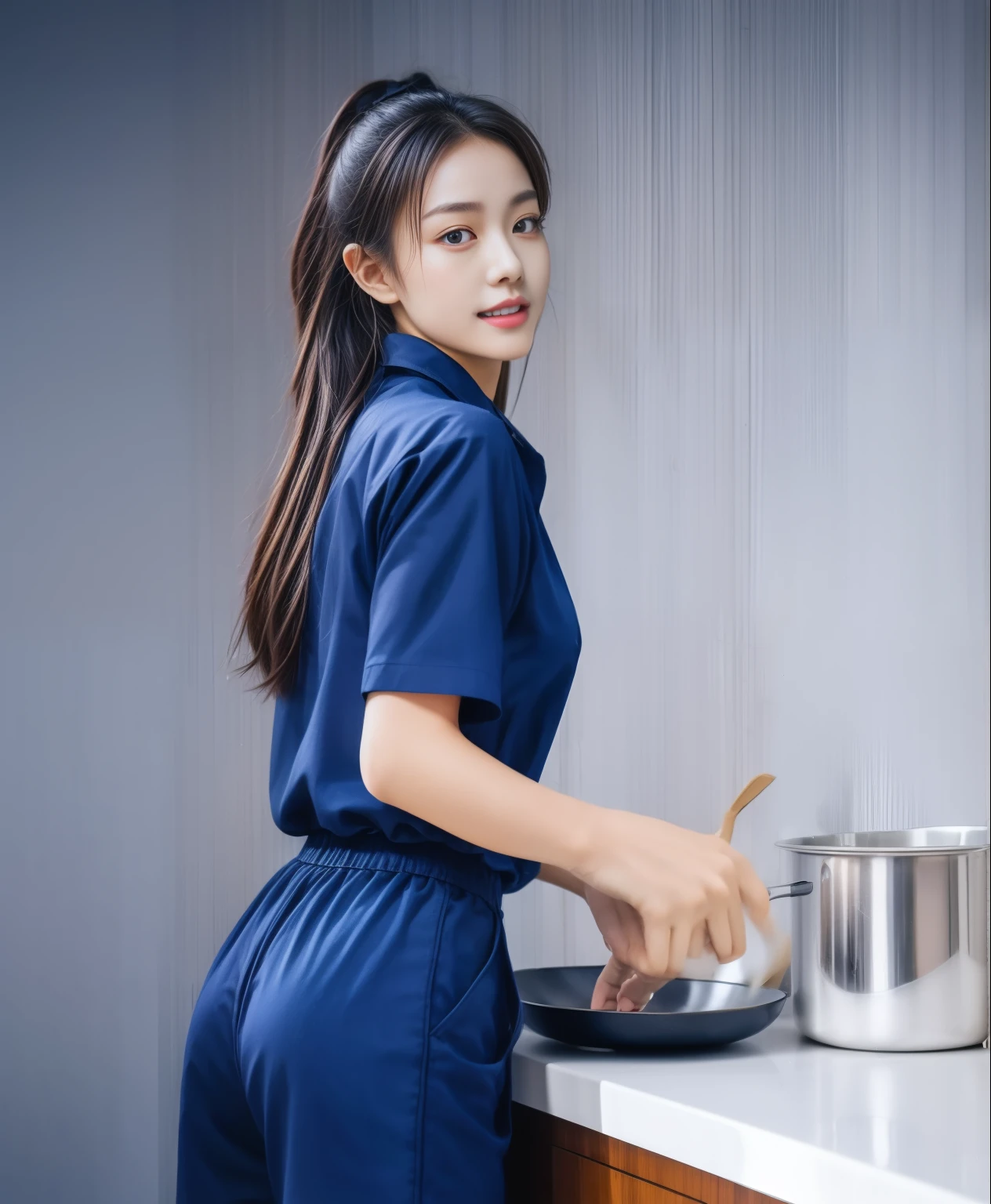 (best quality,10,10,height,Masterpiece:1.2),Special details,(realistic,ภาพrealistic,Realistic photos:1.37),1 Cute girl in the kitchen,shiny, ผิวshiny,only,smile softly,BDclothelue shirt:1.3)),short sleeve,shirt, กางเกงขาlong.,(navy_long_track pants:1.1), ((Kitchen Background)),Dynamic angle,excited,Face focus,dynamic poses,from behind,focus on ass,Masterpiece, best quality, ultra realistic, hyper detail, 8k resolution, raw photos, Sharp focus, ((Navy blue shirt:1.1)), short sleeve, เส้นทางlong, perfect body, 2 mature women, 18 years old, Cinema-grade lighting system,blue sweatpants,shirtผ้าออกกำลังกาย,correct anatomy,perfect body, correct body, Sharp face, correct bodyทางกายวิภาค, full body, realistic gestures, long-haired, realistic poses,Wear long shorts...........................,ช่วงขาlong,Good shape,carved girl, Slender figure, model, Good shape, beautiful body,blue sweatpants, two girls kissing