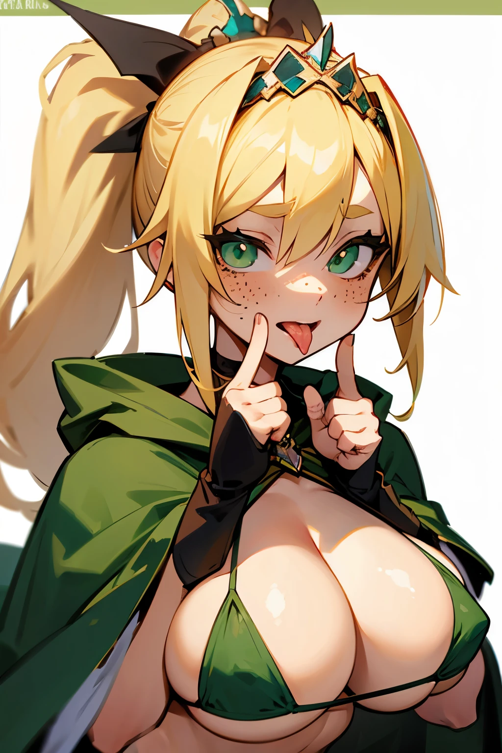 anime girl, blonde hair, side ponytail, tiara, freckles, tongue, green cloak, string bikini, big tits, middle finger, youthful, bratty, teasing, cruel