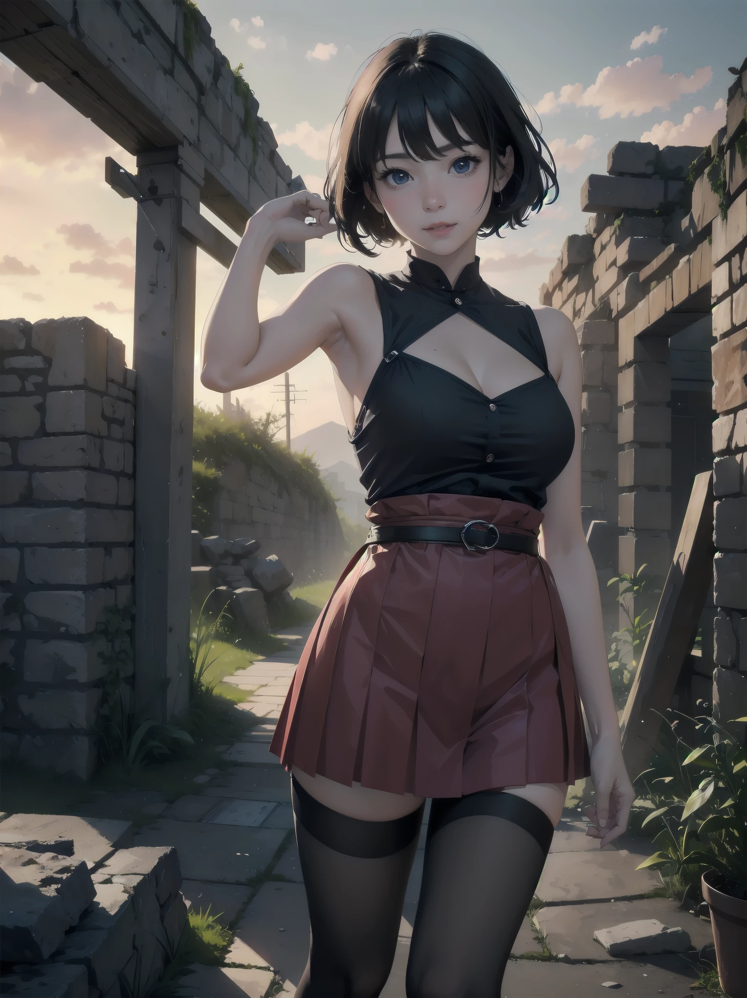 masterpiece ancient ruins: A female explorer、Exploring ancient ruins under the sunset。She has a neat and beautiful face、Wearing clothes with realistic textures。her clever gesture、catch the audience's attention。The texture of the stone of the ruins and the artistic shading effect、It is part of this masterpiece。 A scene from a movie: the main heroine、He plays an active role in dynamic action scenes.。she has perfect features、wearing brightly colored costumes。A magnificent landscape spreads out in the background、A scene from a movieを彩ります。 cute main heroine: The main heroine is、She is a girl with a cute smile and big eyes.。She wears clothes with realistic textures、Artistic shadow effect appears on her face。Her neat atmosphere and clever gestures、will capture the reader's attention。
