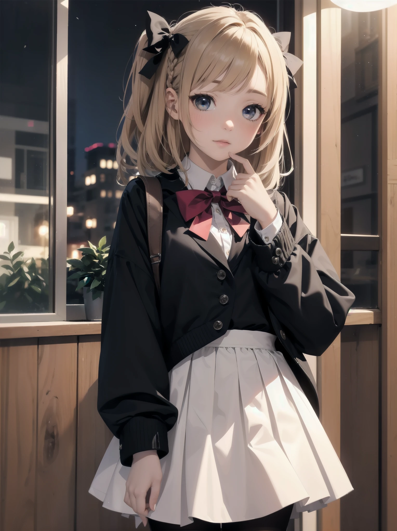 masterpiece, highest quality, High resolution, super detailed, 1 girl、solo、bog cut、braid、colorful hair,one side up,parted bangs hair ribbon,Jacket,black Jacket,open Jacket,red bow tie,vest,brown vest,shirt,white shirt,short sleeve,shorter than long sleeve,skirt,black skirt,pantyhose,brown 黒色のpantyhose,Argyle Legwear,indoor,blush,(embarrassing:1.2),(night:1.4),cute、Super cute