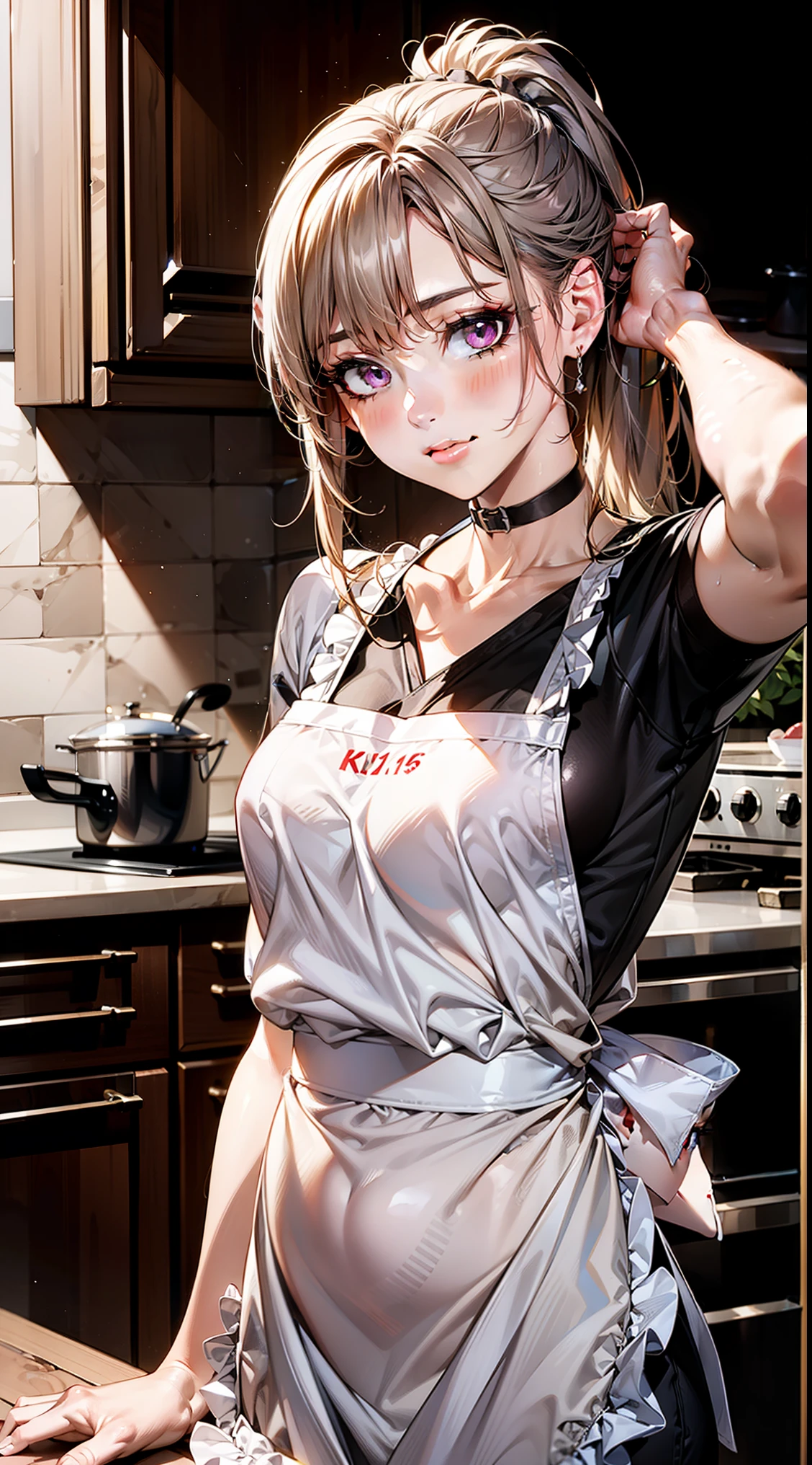 ((long silver hair:1.8, While tying your hair:1.6, ponytail)), (shining purple eyes)beautiful, beautiful woman, perfect anatomy, perfect body, perfect breasts, ((ruffle apron:1.95, choker)), (kitchen:1.6), (kitchenに手をついたバックStyle:1.65), Look at the audience while blushing, slight smile, realism, masterpiece, rough skin , Super detailed, high detail, high quality, 最high quality, 1080p, 16k