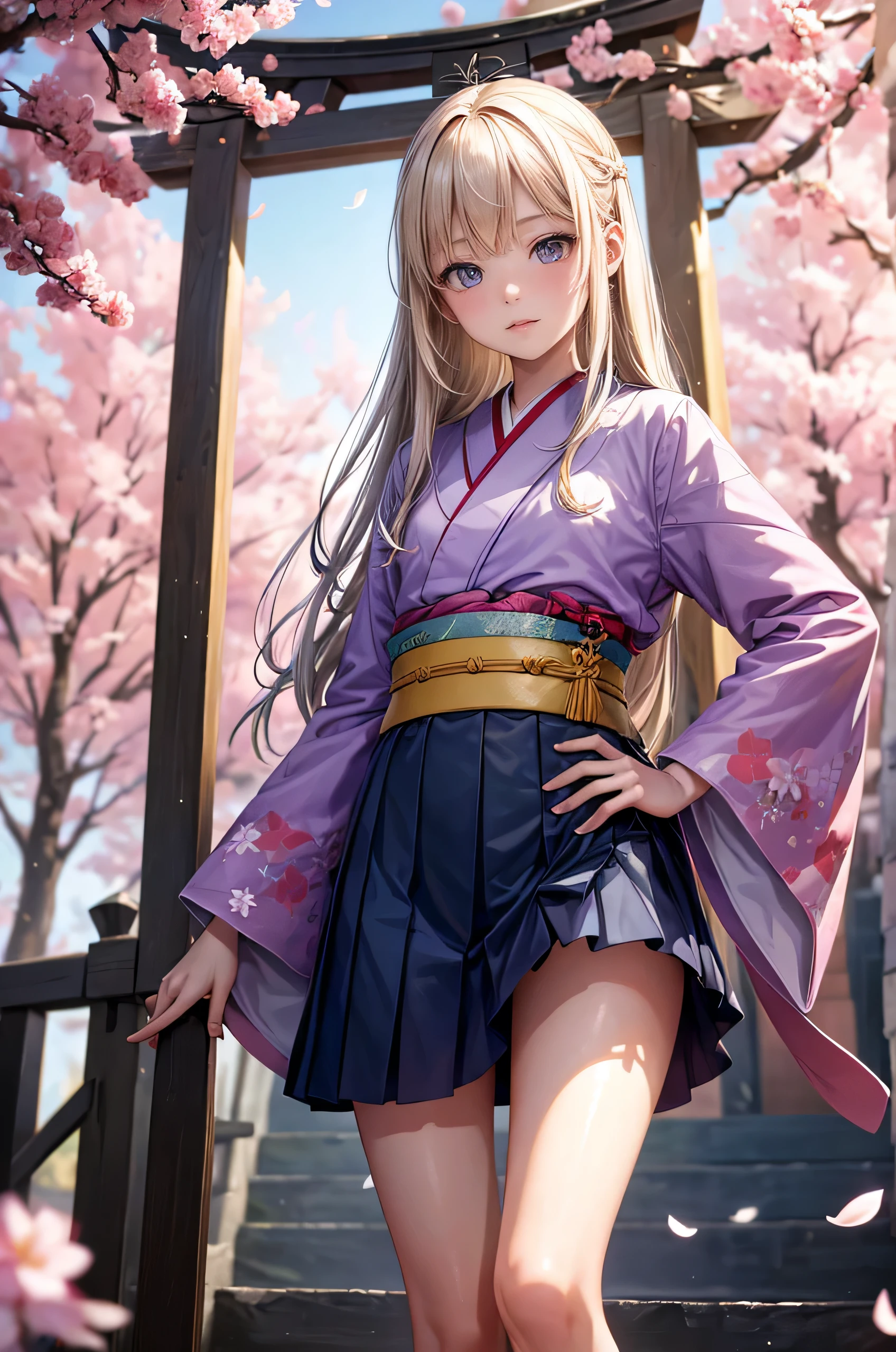 (highest quality、4k、8k、High resolution:1.2)、Super detailed、(genuine:1.37)、(HDR:1.1)、(Hmm:1.1)、(studio lighting:1.1)、(very detailed explanation:1.1)、 (Professional:1.1)、(bright colors:1.1)、(Bokeh:1.1)、innocence、11 year old baby girl、detailed eyes and face、beautiful and detailed eyes、thick and beautiful lips、small mouth、brown vest、brown pleated hair、fluttering hair、innocenceな笑顔、Pose with movement、pale color palette、gentle sunlight、風にfluttering hair、school uniform、upper thigh,full body shot, Digital single-lens reflex camera, looking at the viewer, Frank, Sophisticated, Zora々right, thin腕,small mouth,cute face, Beautiful and slim legs、because I'thin、Professionalの照明, film grain, chromatic aberration, (Eye and face details:1.0), (Bokeh:1.1), japanese kimono、beautiful kimono、elementary school girl、beautiful slim legs、barefoot、torii、stone stairs、cherry blossoms