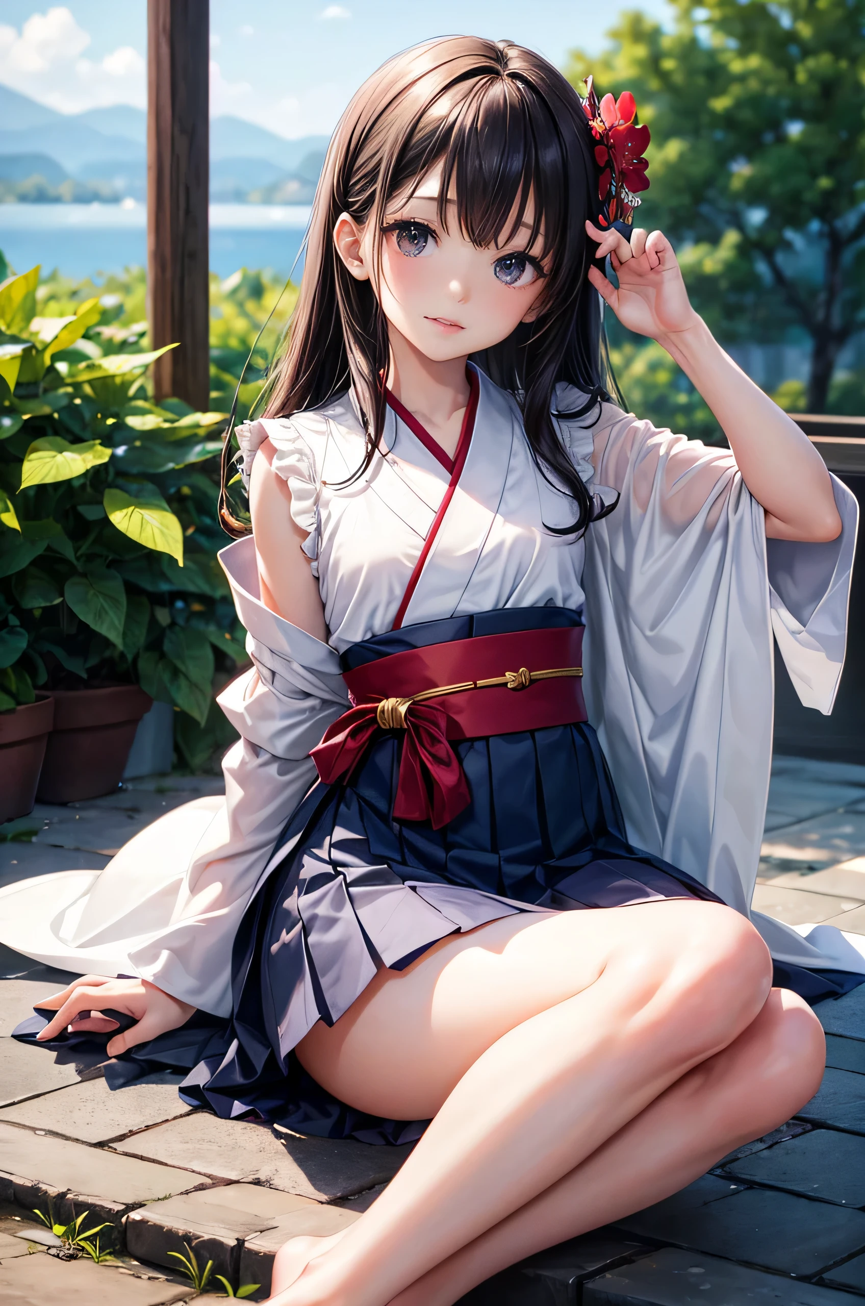  (highest quality、4k、8k、High resolution:1.2)、Super detailed、(genuine:1.37)、(HDR:1.1)、(Hmm:1.1)、(studio lighting:1.1)、(very detailed explanation:1.1)、 (Professional:1.1)、(bright colors:1.1)、(Bokeh:1.1)、innocence、11 year old baby girl、detailed eyes and face、beautiful and detailed eyes、thick and beautiful lips、small mouth、brown vest、brown pleated hair、fluttering hair、innocenceな笑顔、Pose with movement、pale color palette、gentle sunlight、風にfluttering hair、school uniform、upper thigh,full body shot, Digital single-lens reflex camera, looking at the viewer, Frank, Sophisticated, Zora々right, thin腕,small mouth,cute face, Beautiful and slim legs、透き通るwhite skin、white skin、because I&#39;thin、Professionalの照明, film grain, chromatic aberration, (Eye and face details:1.0), (Bokeh:1.1), japanese kimono、beautiful kimono、elementary school girl、beautiful slim legs、barefoot、torii、stone stairs、cherry blossoms