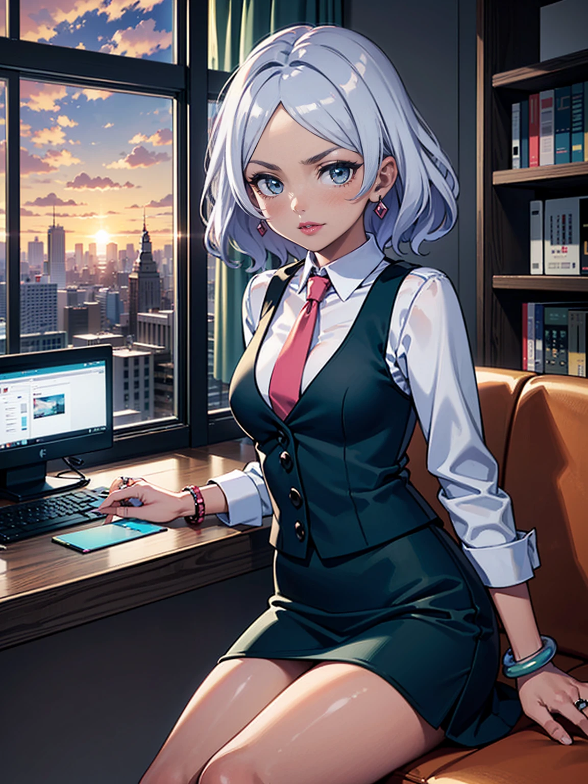 ((1girl, solo ,alone, shor hair, white hair, ((Secelia Dote, green eyes, small breasts, cute)), dark, tanned skin, fitness)), ((solo, (1woman, pink lipstick), Extremely detailed, ambient soft lighting, 4k, perfect eyes, a perfect face, perfect lighting, a 1girl, jewelry, bracelets, ring)), austere, ((officelady, (businesswoman, sitting on the table, tie) (Black suit, Black tight skirt, woman suit), White shirt, dress shirt, Black tights, Office, lana, Beautiful woman, gazing at viewer, Looking here, hight resolution, top-quality, animations, illustratio, office, penthouse, executive room, large window, landscape of a metropolis, sunset, clouds)), documents, books, table, shelves, pencil holder, computer