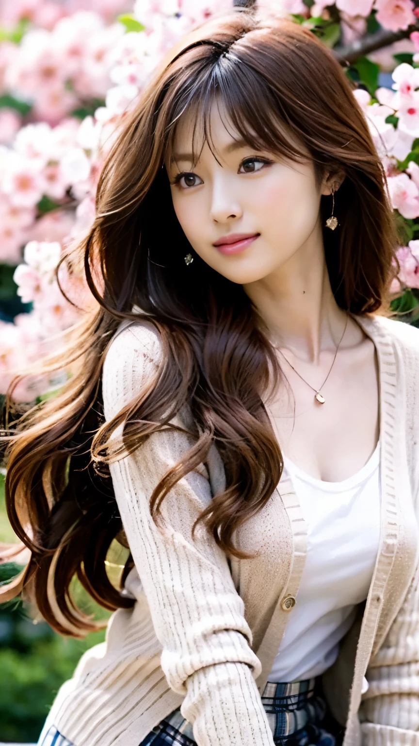 Flawless解剖学,Image of a beautiful girl who came to see cherry blossoms in full bloom,nice earrings and necklace,front angle photo ,She wears a long-sleeved blouse, a cardigan, and a long plaid skirt.,A side photo of someone reaching for the cherry blossoms,realistic,Flawless,best image quality,professional angle of view,excellent details,ultra high resolution,realistic:1.4),high detail,focus on details,High concentration of 1girls,long hair of beautiful chestnut color,,Beautiful face with a delicate and high nose,Long limbs and slim waist like a model,White sneakers look great on your beautiful ankles,white skin is dazzling,