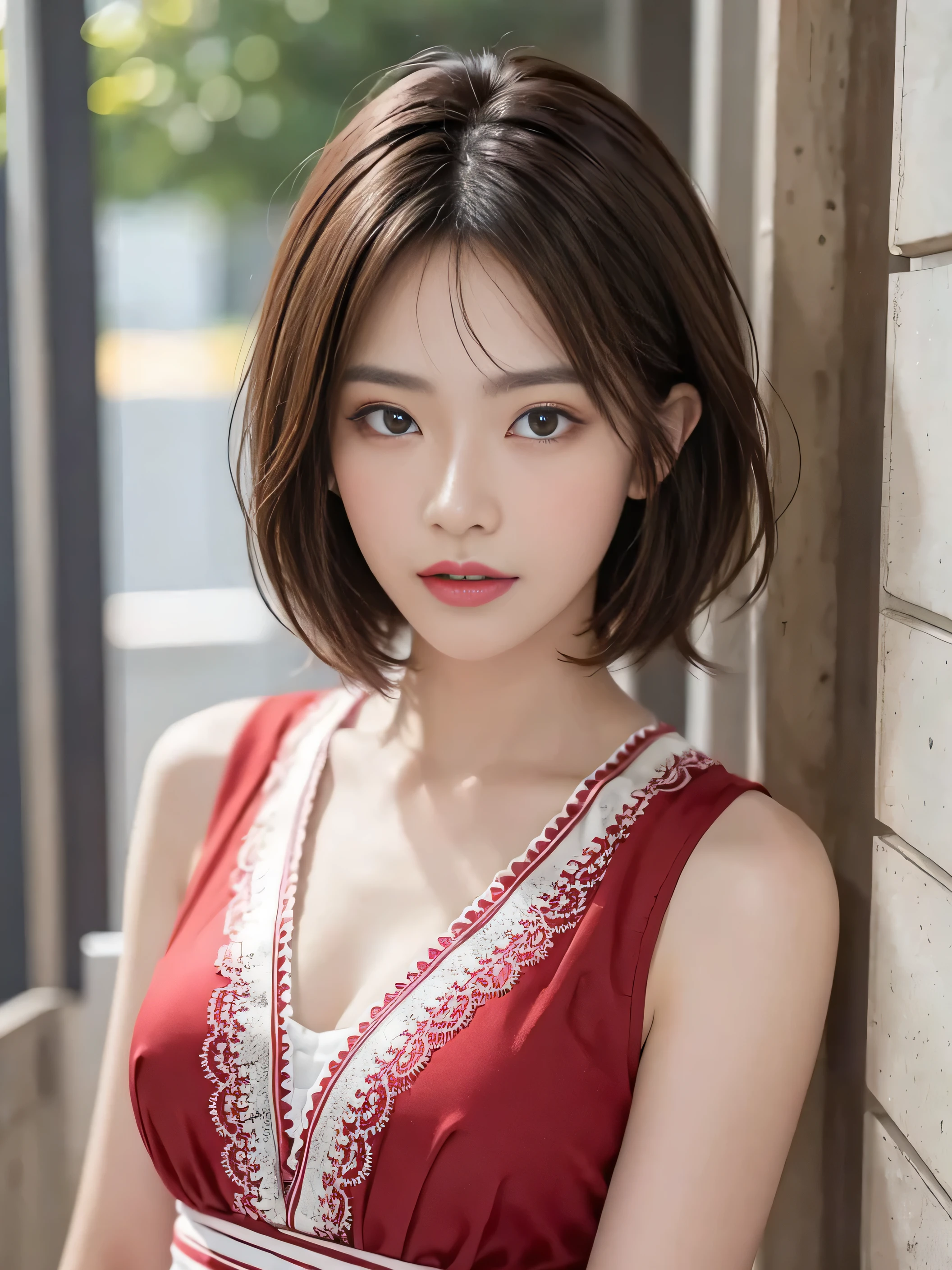 Fashion Model、Japanese women who are too beautiful、eye make up、red lipstick、short cut hair、brown hair、High level image quality、realistic pictures