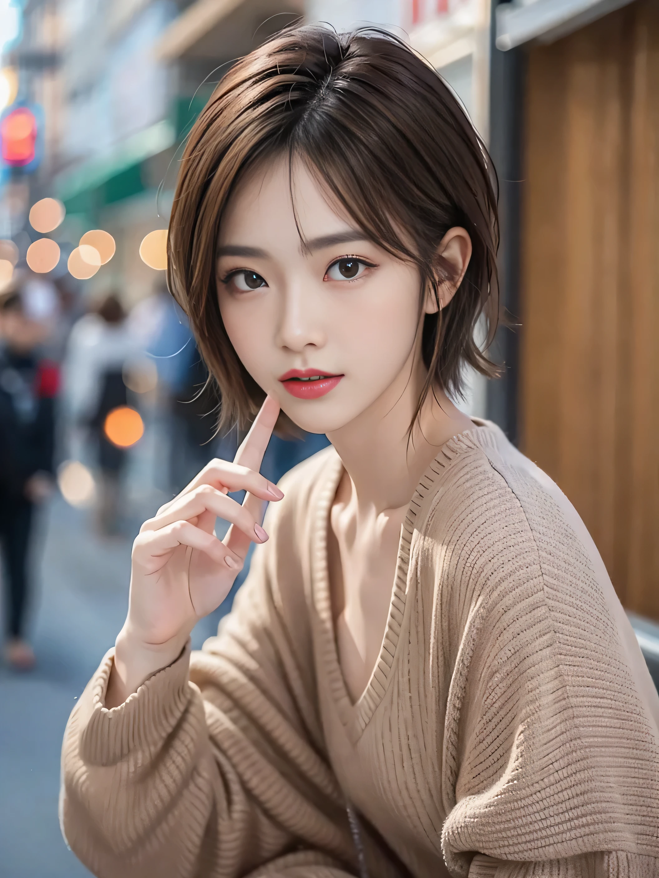 Fashion Model、Japanese women who are too beautiful、eye make up、red lipstick、short cut hair、brown hair、High level image quality、realistic pictures