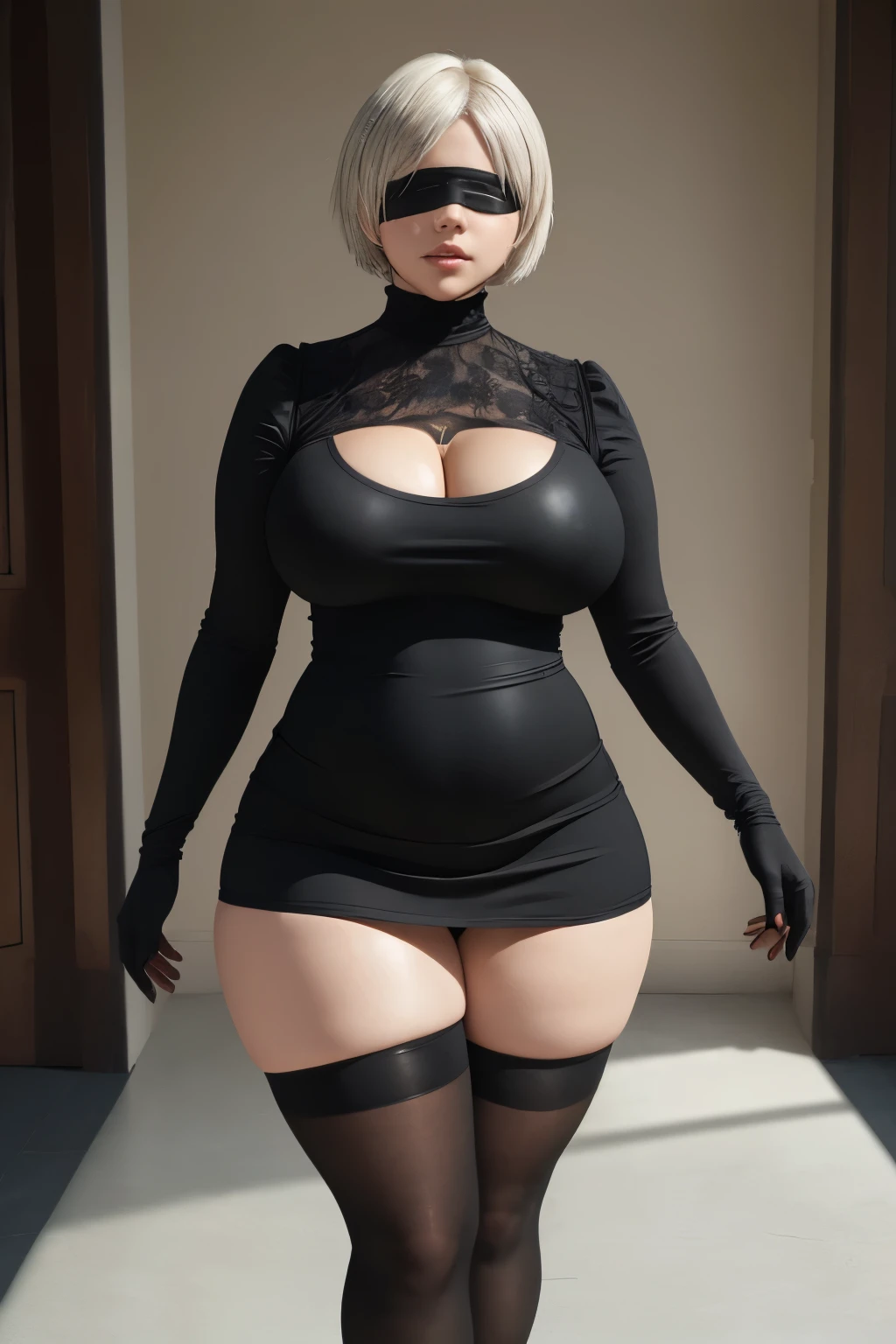 ((Masterpiece)), ((perfect quality)), ((UHD)), ((best quality)), ((photorealistic)), ((high quality)), ((detailed)), yorha 2b, white short hair, full body photo, beautiful, very beautiful face, perfect face, figure: (very chubby, wide waist, very full body, (very curvy), very thick, (very chubby belly bottom), (big deep navel), curvy, sexy, thunder thighs, (belly bulge)), clothes :(tight black short dress, blindfold, black tights)