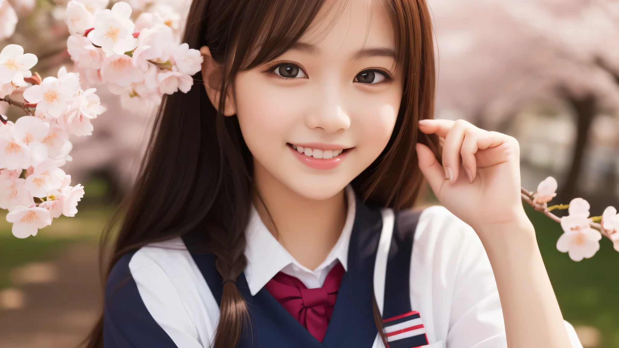 (1 girl), (big round eyes:1.2), kind face, enchanting smile, neat, (school uniform, mini skirt:1.2), (highest quality: 1.4), (Super detailed), (highest quality:1.4), (super detailed), evening, very high resolution, (Upper body), close up face, cherry blossoms,