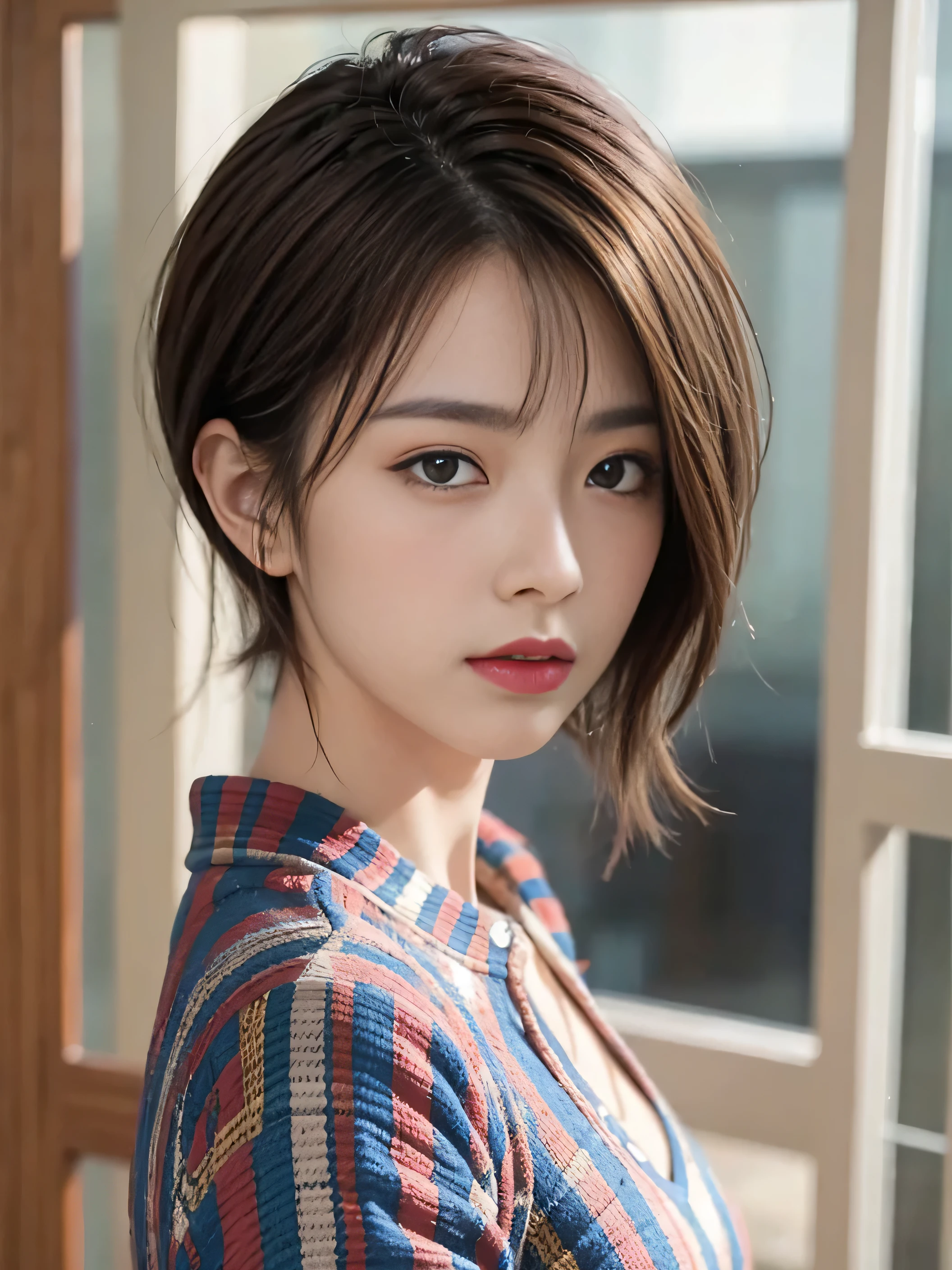 Fashion Model、Japanese women who are too beautiful、eye make up、red lipstick、short cut hair、brown hair、High level image quality、realistic pictures、ダークeye make up