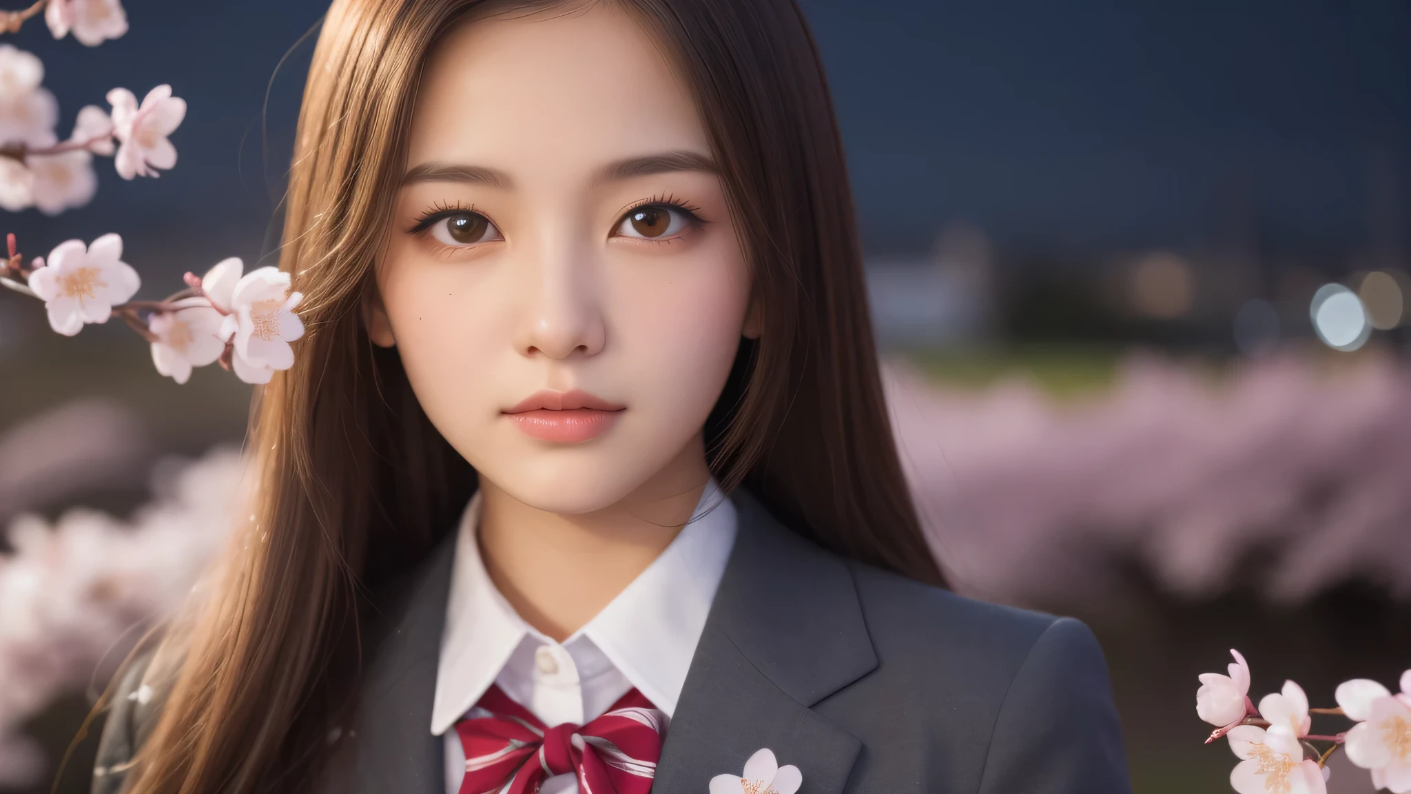 (1 girl), very cute face, small mole under the eye, (highly detailed eyes, highly detailed face), Fresh, very beautiful appearance, (surreal, High resolution), (highest quality:1.4), professional photography, (high school uniform:1.2), (Cherry blossoms at night, night:1.3), cherry blossoms, focus on the face,