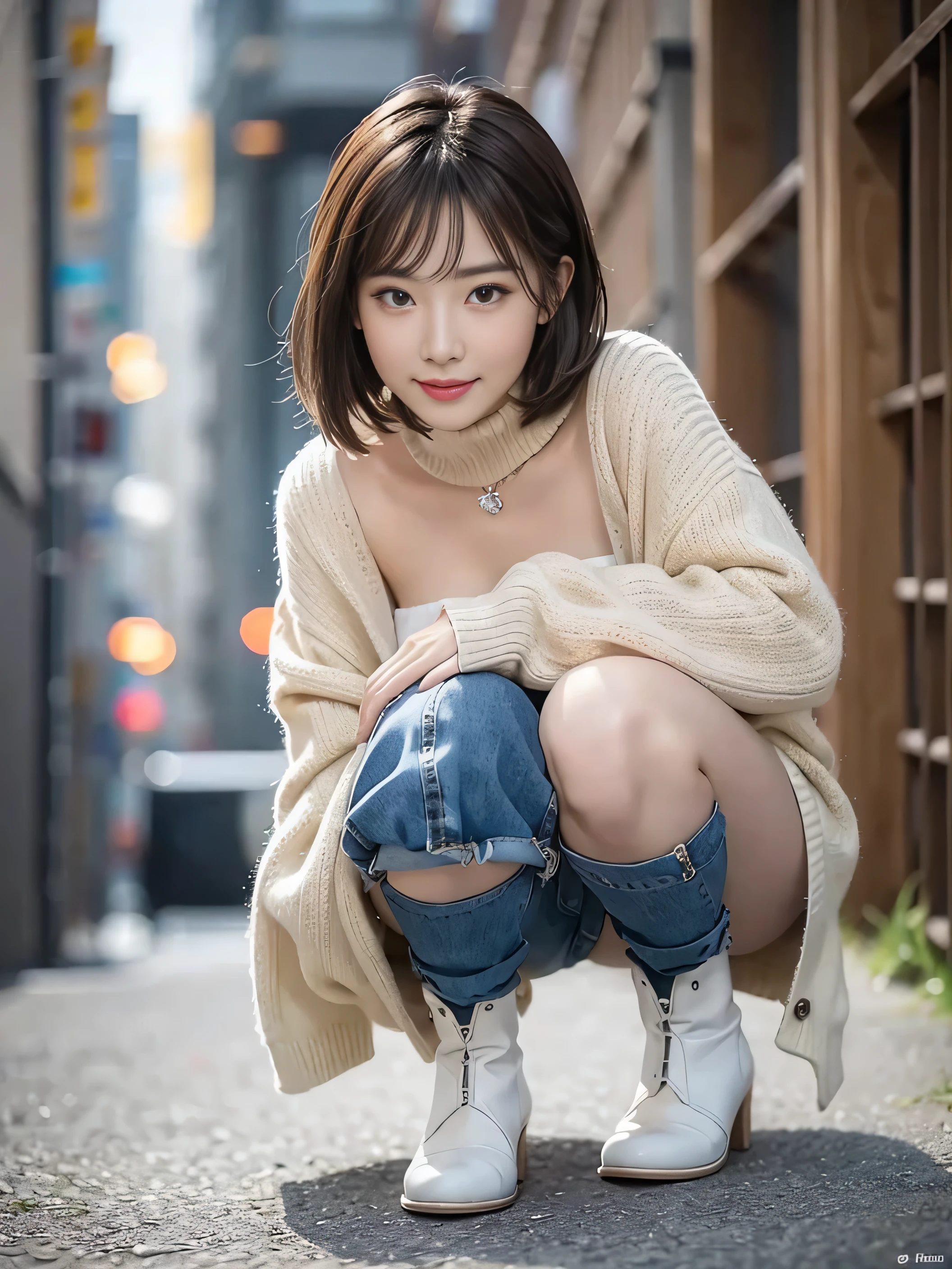 She looks happy when she sees this、winterのセーター、(table top:1.3, Photoreal:1.4, 8k), highest qualthaty, masterpiece, 超A high resolution, perfect dynamic composthation, Highly detailed skin and facial textures:1.3, detailed eye, Detail of limbs, winter, that'that'It's snowing:1.2, snow scene:1.2, 1 girl, Cute and sexy 27 year old slim actress, Fair skin, short hair、tilt one side'head of, ((laughter:0.9, completely enchants you:0.9)), (coat:1.4, blue long sleeve turtleneck sweater:1.3, high waist mini skirt:1.1), ((small breasts:0.9)), short boots, (facing the front, bend your knees and squat), (beautiful brown eyes, Eyes that feel beautiful eros:0.85), sexy face:0.4, (A taste of beautiful eroticism:0.85), ((Too cute beauty:0.9))
