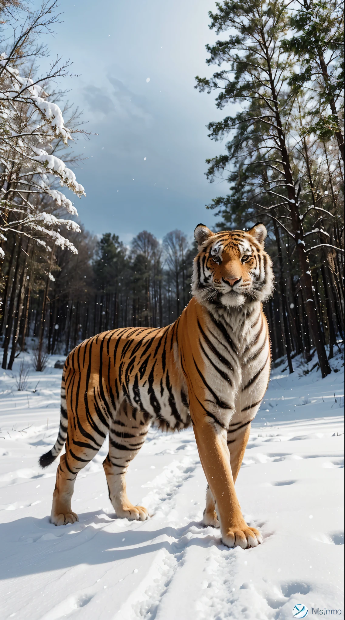 Em uma paisagem coberta de neve, um majestoso tigre siberiano emerge da floresta de pinheiros altos. Its powerful body is wrapped in thick, striped fur., perfeitamente adaptada ao clima gelado. Seus olhos amarelos brilham com intensidade, reflecting the determination and agility that are characteristics of this magnificent creature.The tiger is standing in a snow-covered clearing, his deep footprints marked in the white landscape as evidence of his presence. Suas listras escuras contrastam com a brancura da neve, criando um visual impressionante e imponente.Com sua postura elegante e porte imponente, the Siberian tiger appears to be in perfect balance with its environment, displaying a mixture of grace and power. Your ears are alert, captando os sons da floresta ao seu redor, while your tail gently sways, demonstrating your concentration and focus.Ao fundo, os pinheiros se erguem altos, cobertos de neve, adding a sense of serenity and natural beauty to the scene. The air is permeated with the silence characteristic of a snowy landscape, interrupted only by the occasional rustle of leaves or the distant echo of a bird.This Siberian tiger is a picture of strength, elegance and wildness, capturing the imagination and inspiring awe with its striking beauty and presence