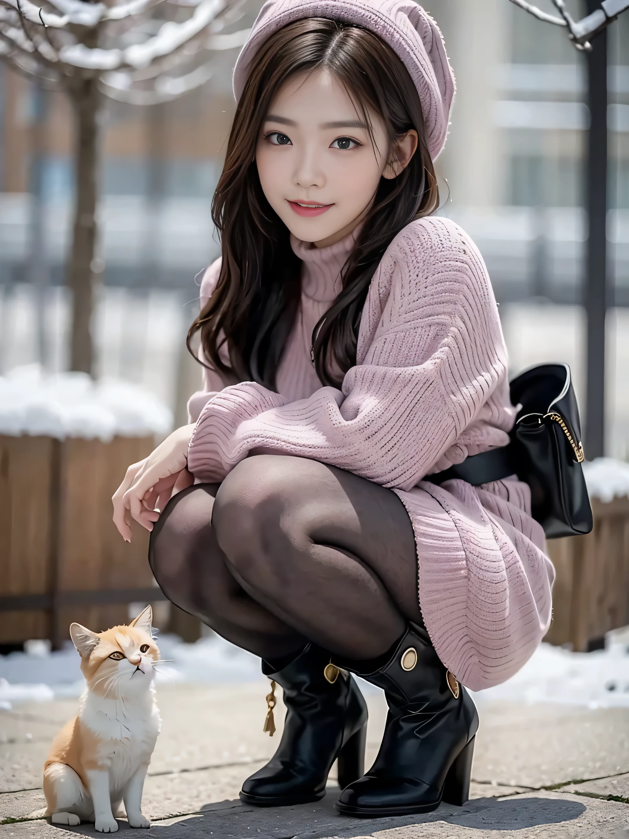 She looks happy when she sees this、winterのセーター、(table top:1.3, Photoreal:1.4, 8k), highest qualthaty, masterpiece, 超A high resolution, perfect dynamic composthation, Highly detailed skin and facial textures:1.3, detailed eye, Detail of limbs, winter, that'that'It's snowing:1.2, snow scene:1.2, 1 girl, Cute and sexy 27 year old slim actress, Fair skin, short hair、tilt one side'head of, ((laughter:0.9, completely enchants you:0.9)), (coat:1.4, blue long sleeve turtleneck sweater:1.3, high waist mini skirt:1.1), ((small breasts:0.9)), short boots, (facing the front, bend your knees and squat), (beautiful brown eyes, Eyes that feel beautiful eros:0.85), sexy face:0.4, (A taste of beautiful eroticism:0.85), ((Too cute beauty:0.9))