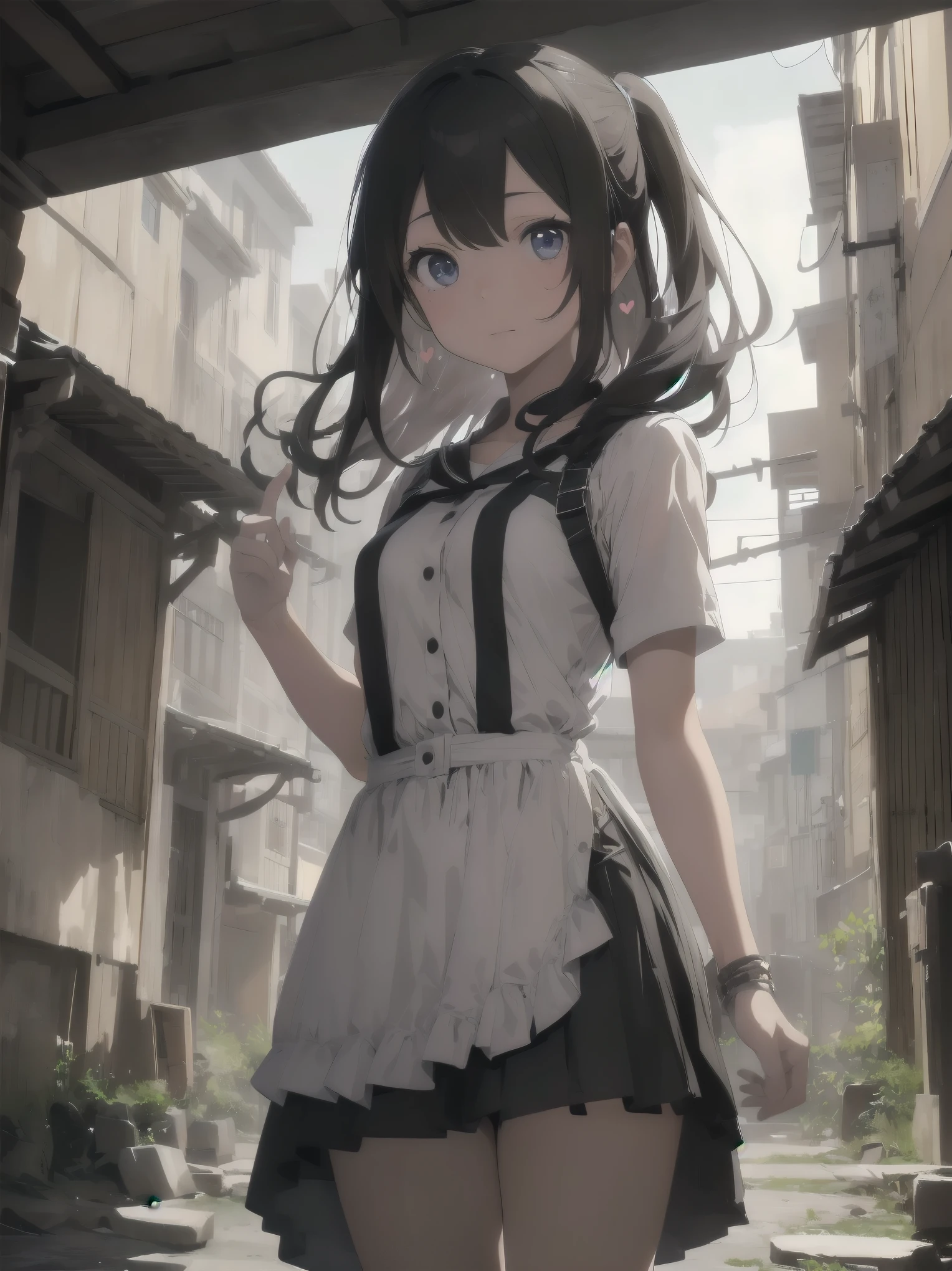 One girl、Standing against the backdrop of the majestic ruins of an ancient ruin。her costume is、A design that is neat yet gives you a sense of ancient mystery.、The realistic feel and texture of the material stands out.。her face is perfectly drawn、Capture the hearts of viewers with your clever gestures。The surrounding area is illuminated with artistic shading effects.、It makes her presence even more prominent.。This scene is、Combines cinematic dynamism and storytelling、A high-quality, super-detailed illustration that brings out the charm of the main heroine.