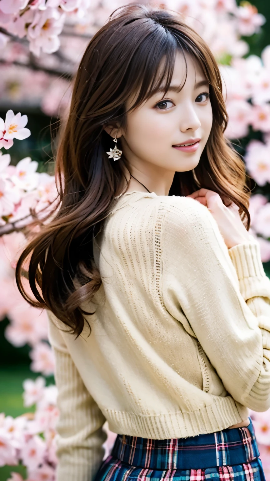 Flawless解剖学,Image of a beautiful girl who came to see cherry blossoms in full bloom,nice earrings and necklace,Rear angle photo ,She wears a long-sleeved blouse, a cardigan, and a long plaid skirt.,standing with hands behind the cherry blossom tree,realistic,Flawless,best image quality,professional angle of view,excellent details,ultra high resolution,realistic:1.4),high detail,focus on details,High concentration of 1girls,long hair of beautiful chestnut color,,Beautiful face with a delicate and high nose,Long limbs and slim waist like a model,White sneakers look great on your beautiful ankles,white skin is dazzling,