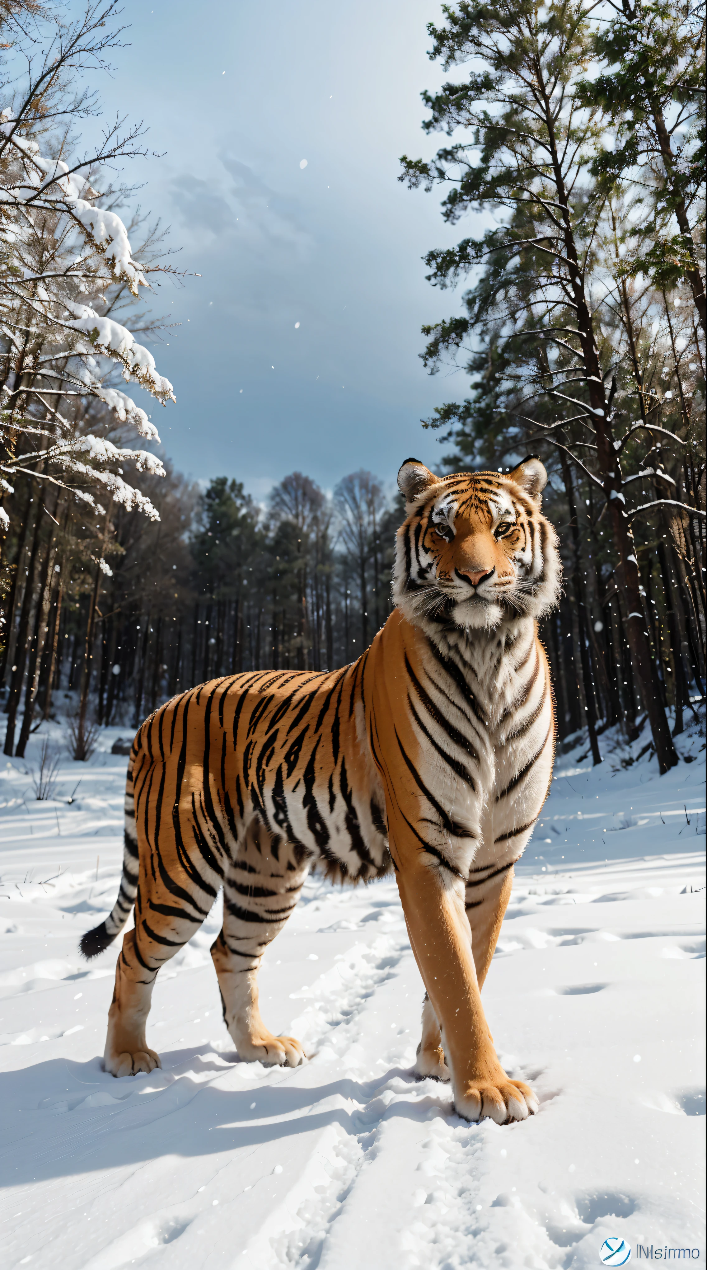 Em uma paisagem coberta de neve, um majestoso tigre siberiano emerge da floresta de pinheiros altos. Your powerful body is wrapped in thick, pele listrada., perfeitamente adaptada ao clima gelado. Seus olhos amarelos brilham com intensidade, reflecting the determination and agility that are characteristics of this magnificent creature.The tiger is standing in a snow-covered clearing, his deep footprints marked in the white landscape as evidence of his presence. Suas listras escuras contrastam com a brancura da neve, criando um visual impressionante e imponente.Com sua postura elegante e porte imponente, the Siberian tiger appears to be in perfect balance with its environment, displaying a mixture of grace and power. Your ears are alert, captando os sons da floresta ao seu redor, while your tail gently sways, demonstrating your concentration and focus.Ao fundo, os pinheiros se erguem altos, cobertos de neve, adding a sense of serenity and natural beauty to the scene. The air is permeated with the silence characteristic of a snowy landscape, interrupted only by the occasional rustle of leaves or the distant echo of a bird.This Siberian tiger is a picture of strength, elegance and wildness, capturing the imagination and inspiring awe with its striking beauty and presence