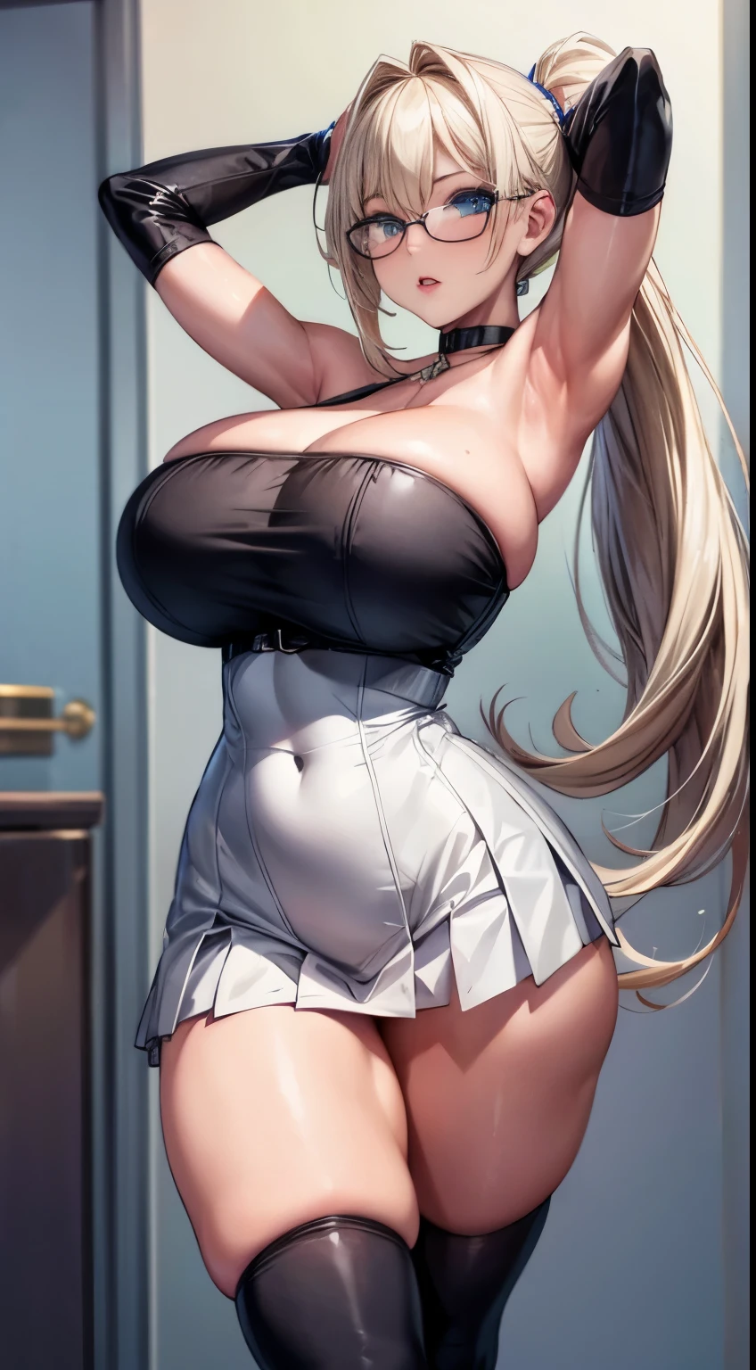 bmb-fc, sunny, bodycon dress, 1girl, face, woman , (masterpiece, best quality), 1girl, 18 years old, bending pose, show armpit, platinum blonde hair, high and long ponytail hair, plump lips, bimbo lips, huge breast, hourglass figure, shocked face, exposed navel, glasses, super hot stripper outfit, tight white crop top, stripper pleated microskirt, choker, classroom, thighhighs,